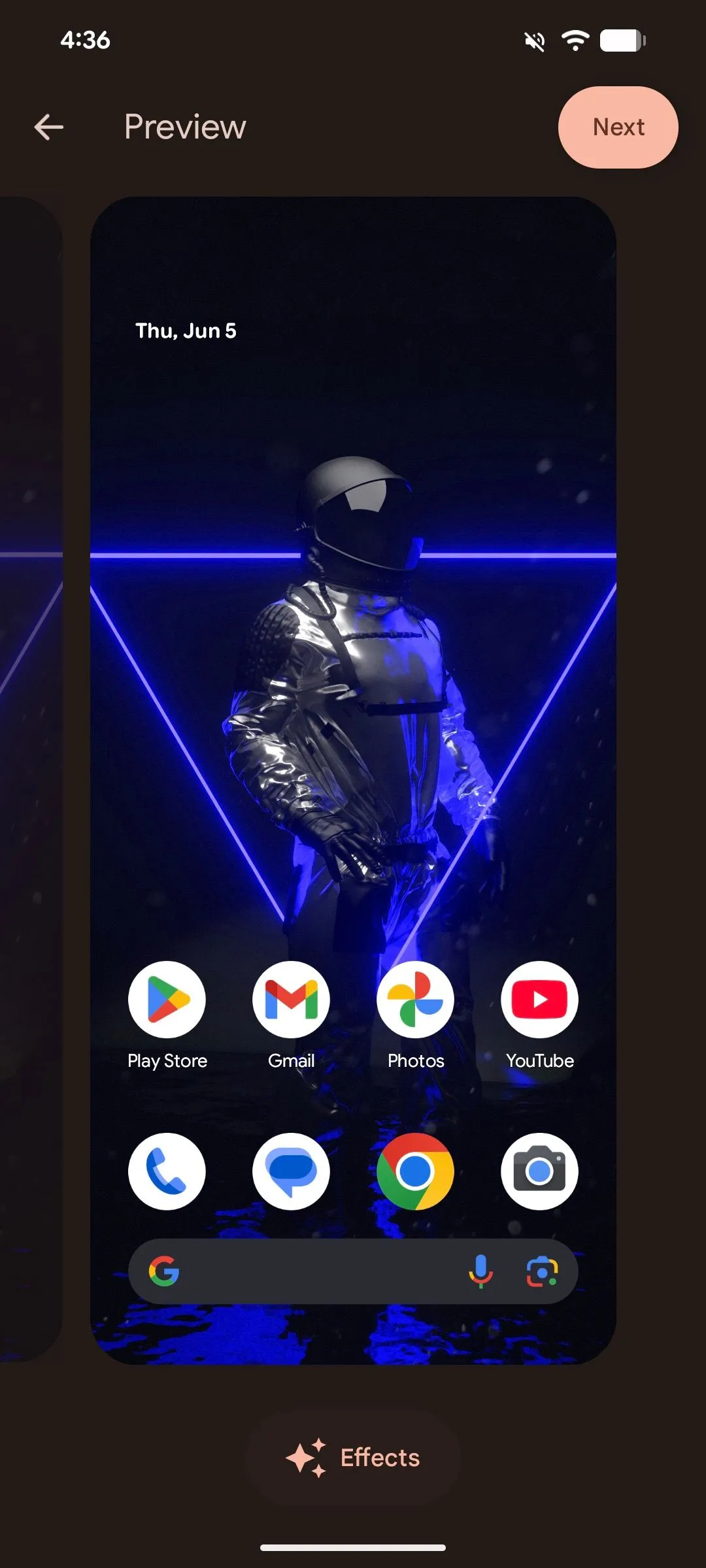 Màn hình xem trước hình nền Android 16 với tùy chọn 'Hiệu ứng' được chọn ở thanh công cụ phía dưới.