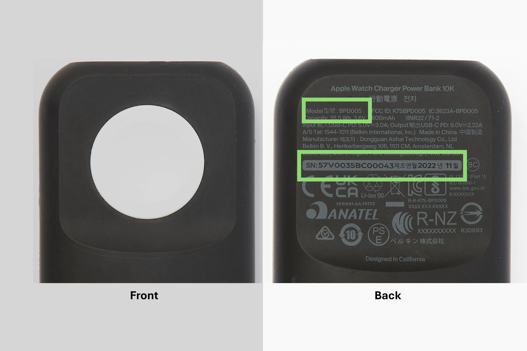 Mặt trước và mặt sau sạc dự phòng Belkin BoostCharge Pro Fast Wireless Charger for Apple Watch + Power Bank 10K (model BPD005) giúp người dùng nhận diện sản phẩm bị thu hồi.