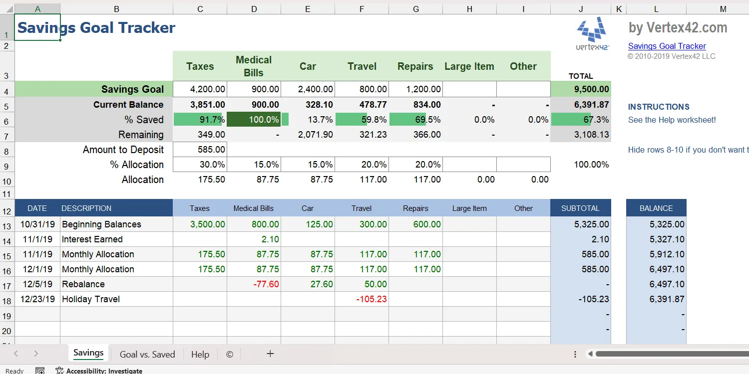 Mẫu bảng tính Excel theo dõi mục tiêu tiết kiệm cá nhân.