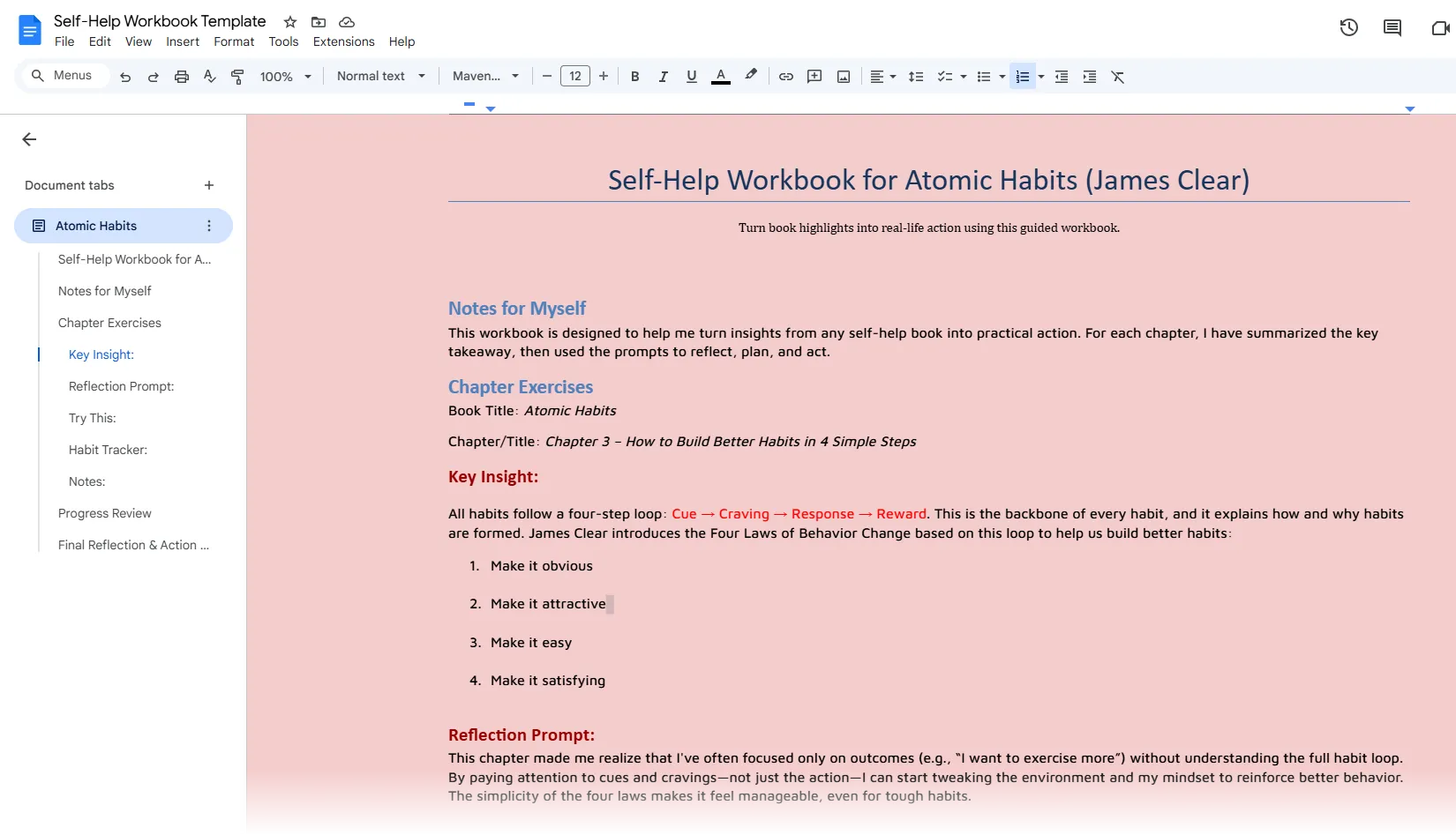 Mẫu bố cục sách bài tập tự tạo từ ghi chú sách self-help trên Google Docs