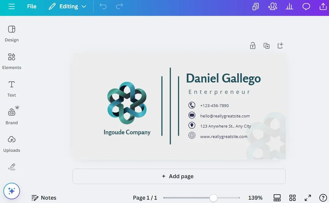 Mẫu chữ ký email đang được chỉnh sửa trong ứng dụng Canva desktop