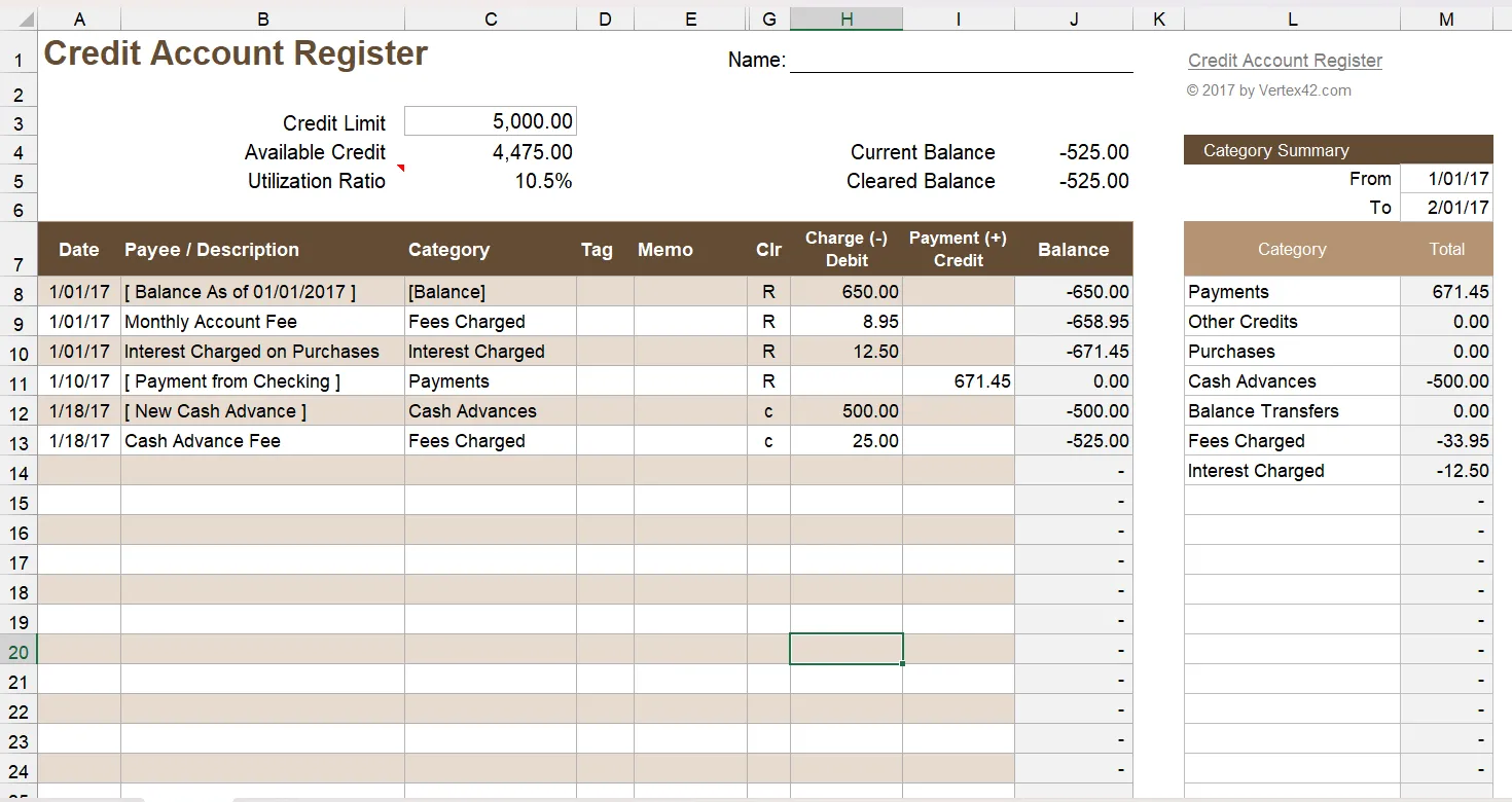Mẫu Excel sổ đăng ký và quản lý giao dịch thẻ tín dụng.