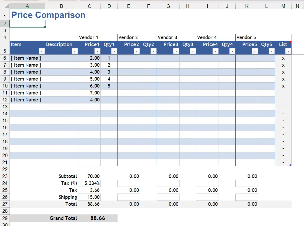 Mẫu Excel so sánh giá sản phẩm trước khi mua sắm.