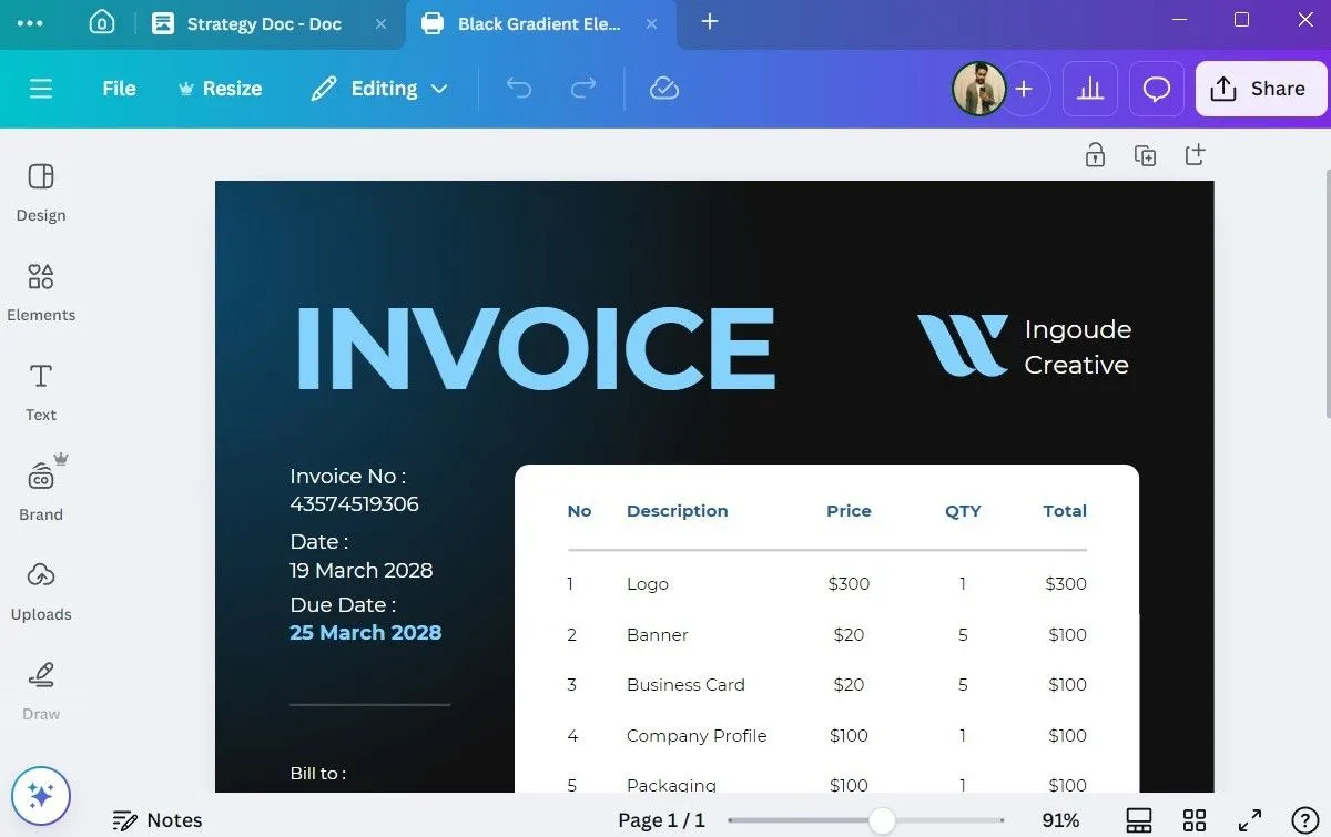 Mẫu hóa đơn chuyên nghiệp trên ứng dụng Canva desktop
