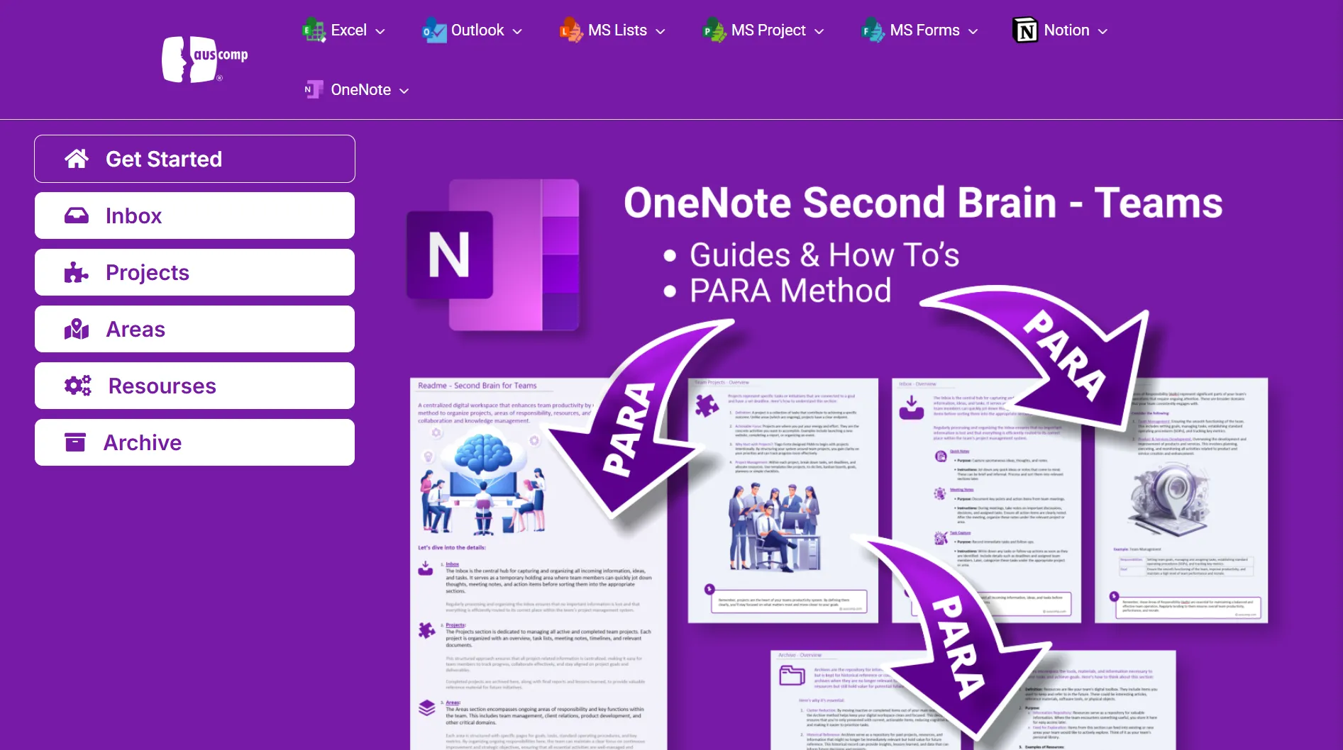 Mẫu template Second Brain của Auscomp trong OneNote giúp tổ chức thông tin hiệu quả.