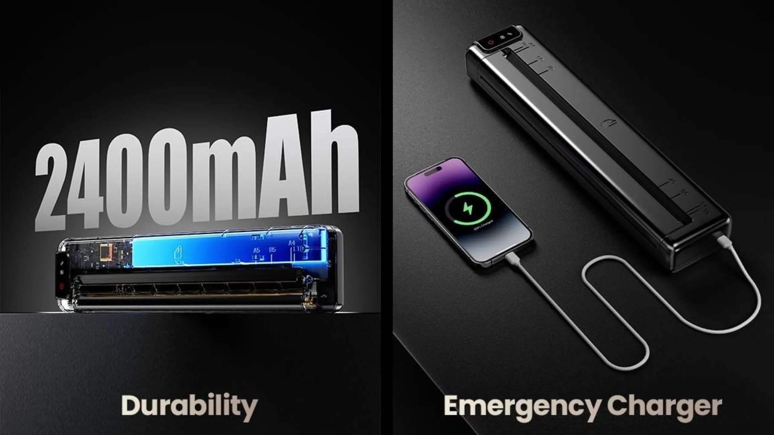 Máy in Phomemo Q302 đang sạc điện thoại di động, thể hiện tính năng sạc ngược và khả năng hoạt động như một cục sạc dự phòng