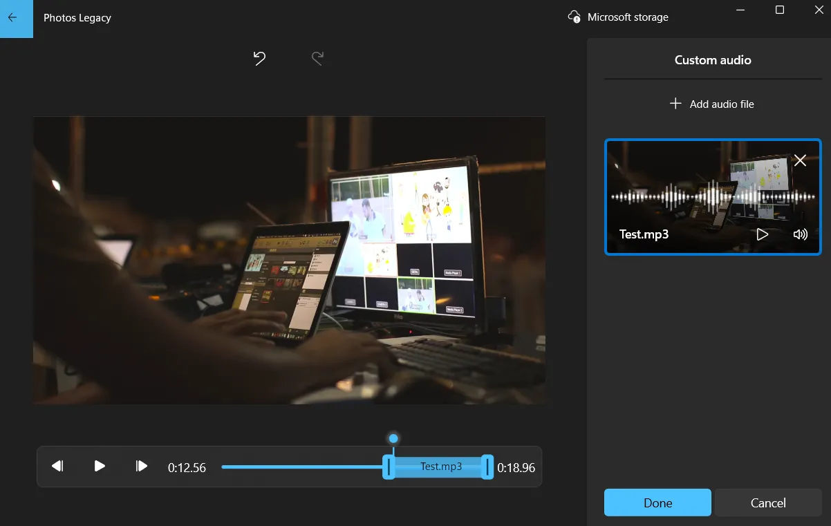 Menu âm thanh tùy chỉnh trong trình chỉnh sửa video ứng dụng Windows Photos Legacy