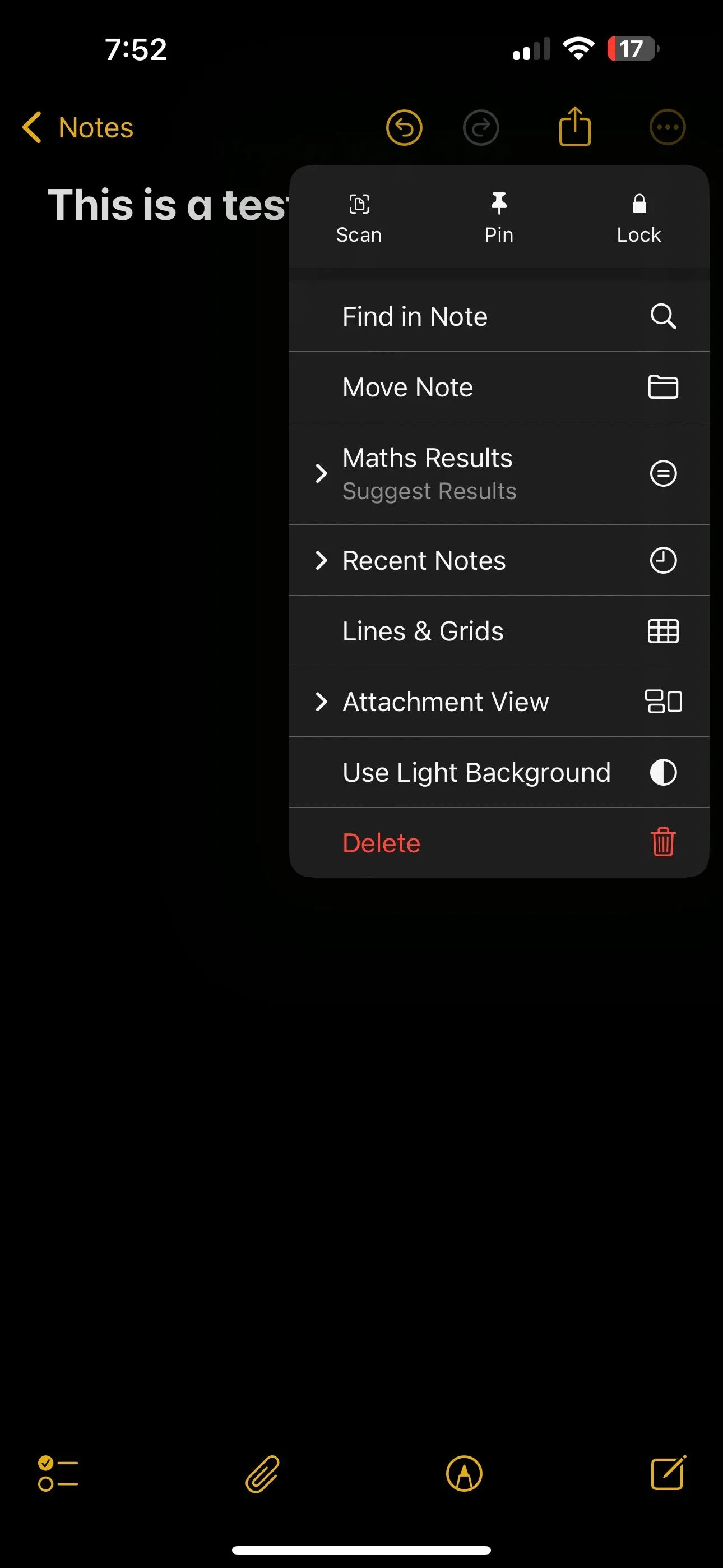 Menu ba chấm trong ứng dụng Ghi chú trên iPhone với tùy chọn Ghi chú Gần đây nổi bật.