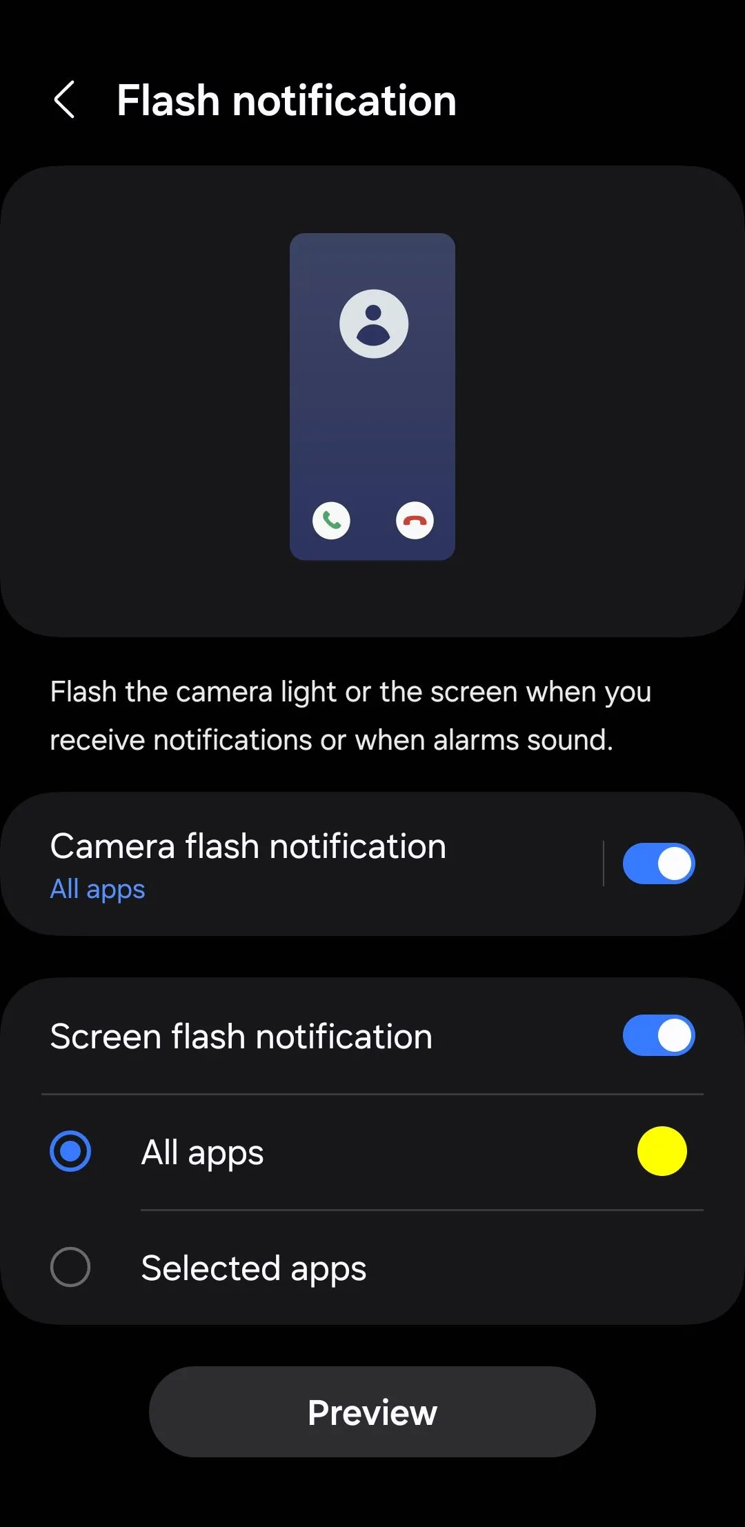 Menu bật/tắt thông báo đèn flash camera trên điện thoại Android