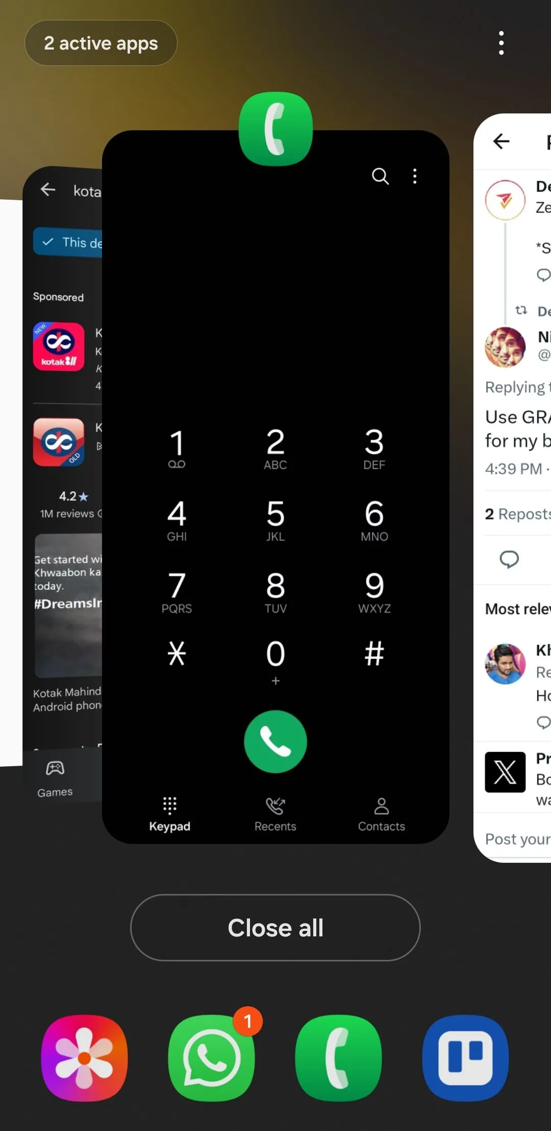 Menu các ứng dụng gần đây trên điện thoại Android, hiển thị biểu tượng ứng dụng và tùy chọn 'Ghim' để khóa một ứng dụng.