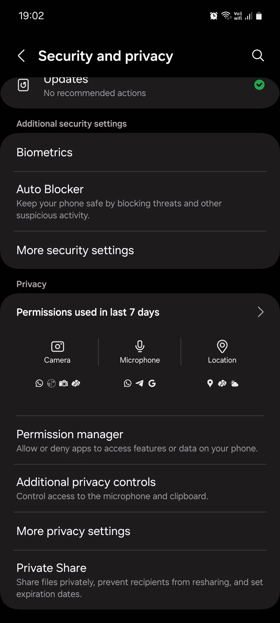 Menu Cài đặt Bảo mật và quyền riêng tư trên Samsung One UI