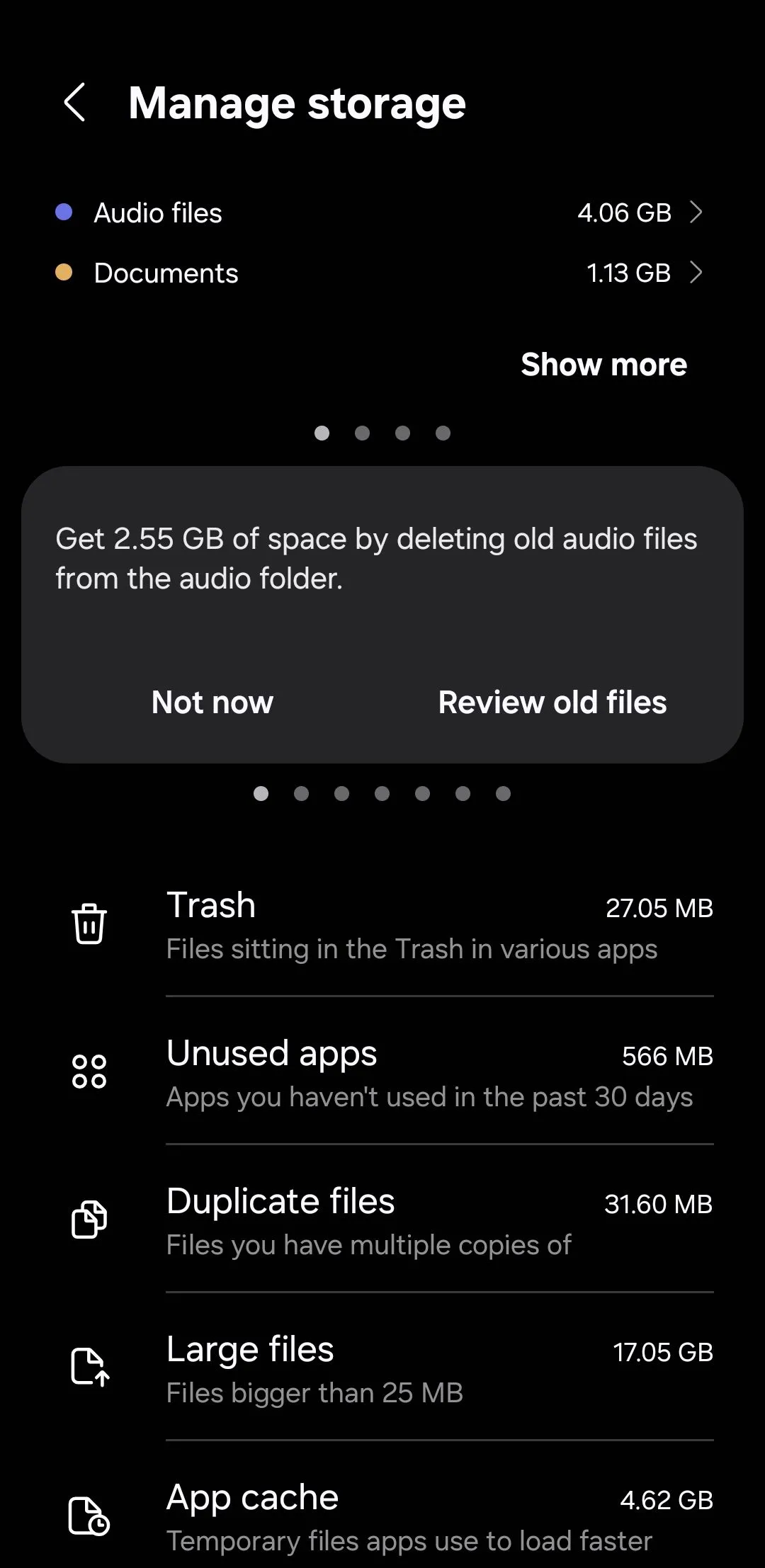 Menu cài đặt bộ nhớ hiển thị mục 'Tệp trùng lặp' trên điện thoại Samsung