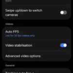 Menu cài đặt camera điện thoại Samsung