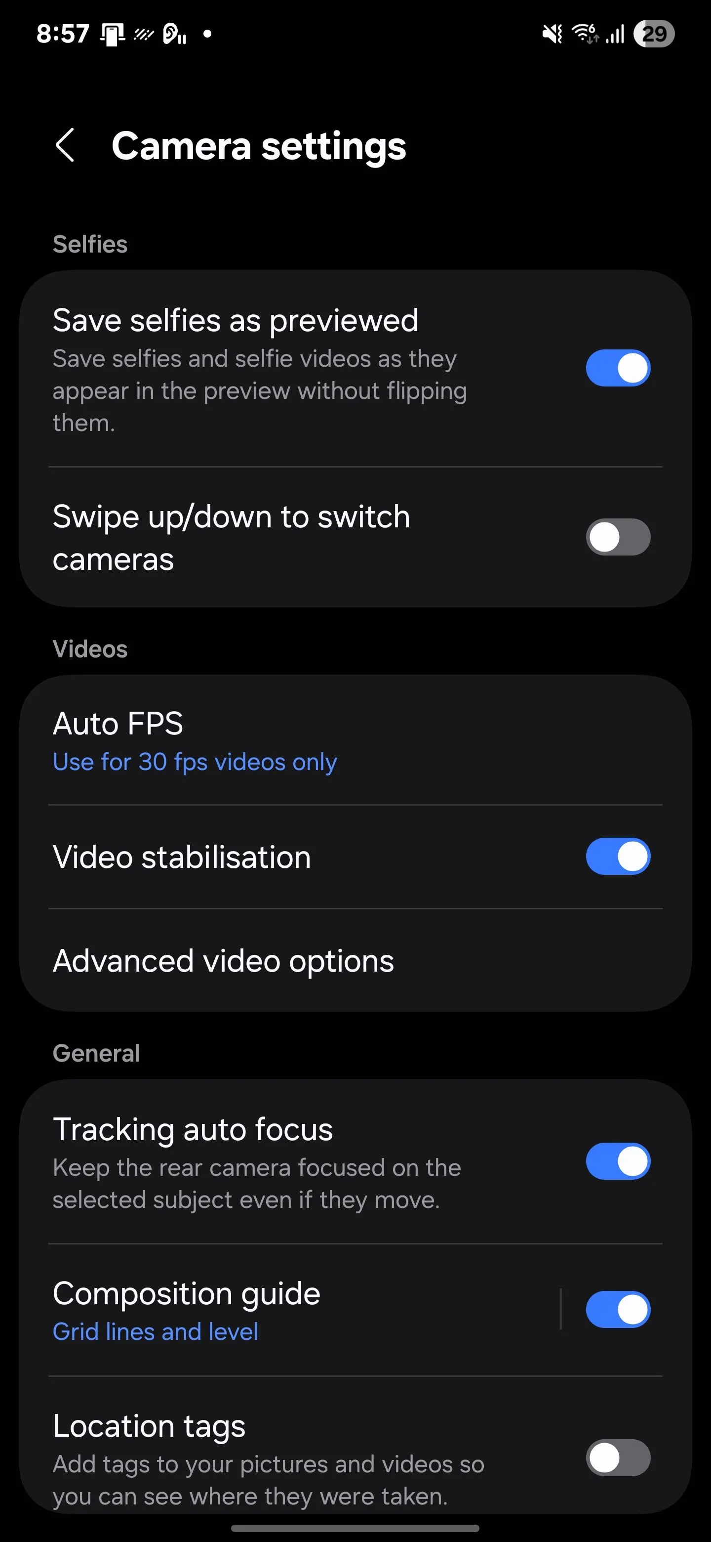 Menu cài đặt camera điện thoại Samsung