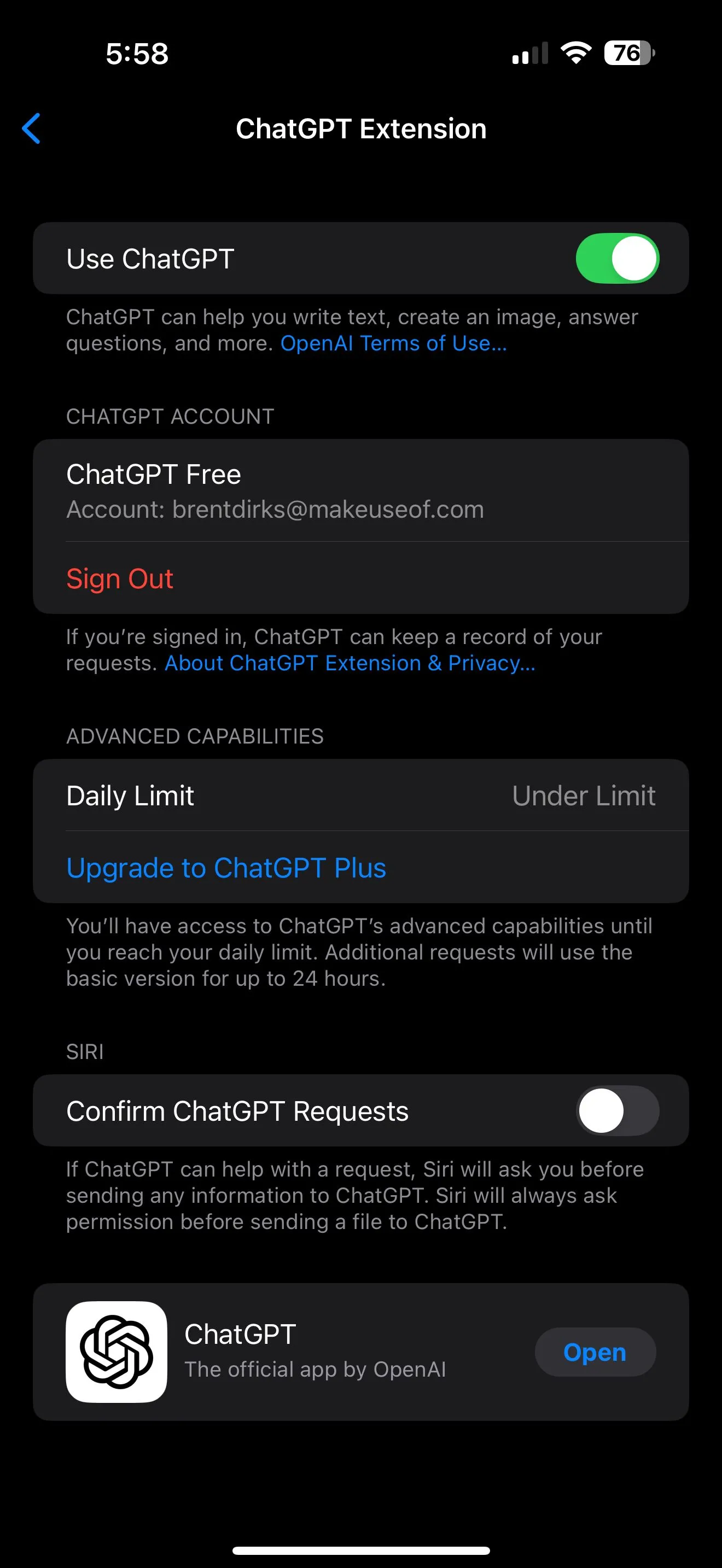 Menu cài đặt ChatGPT trong Siri.