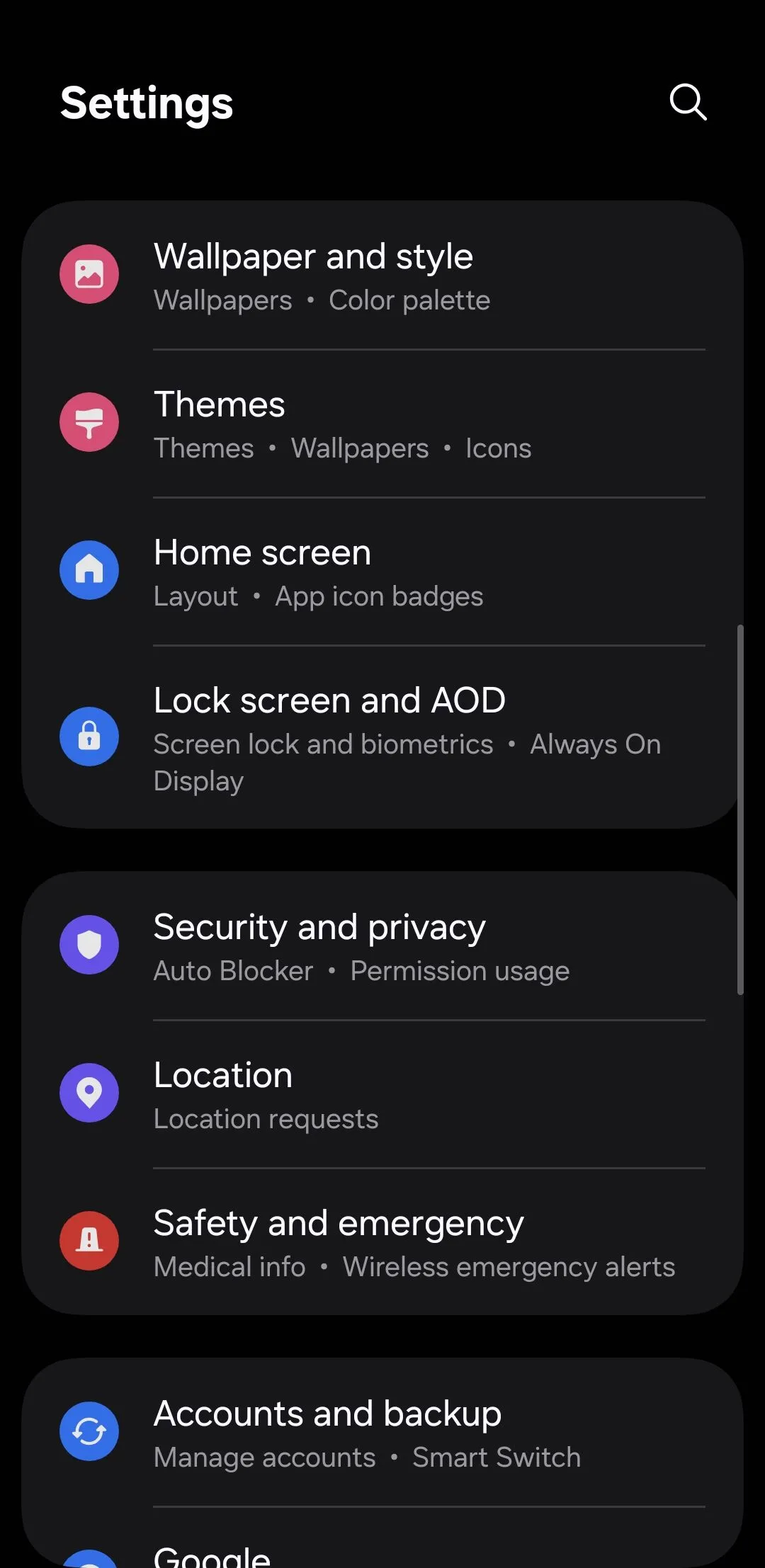 Menu Cài đặt chung trên điện thoại Android.