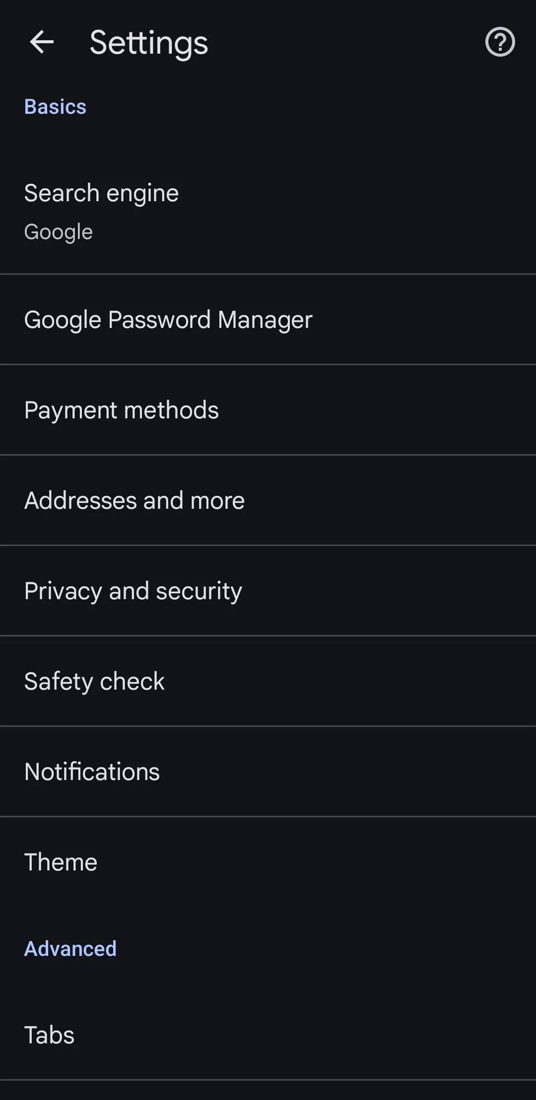 Menu Cài đặt của trình duyệt Google Chrome trên điện thoại Android, nơi quản lý các tùy chọn đồng bộ và bảo mật.