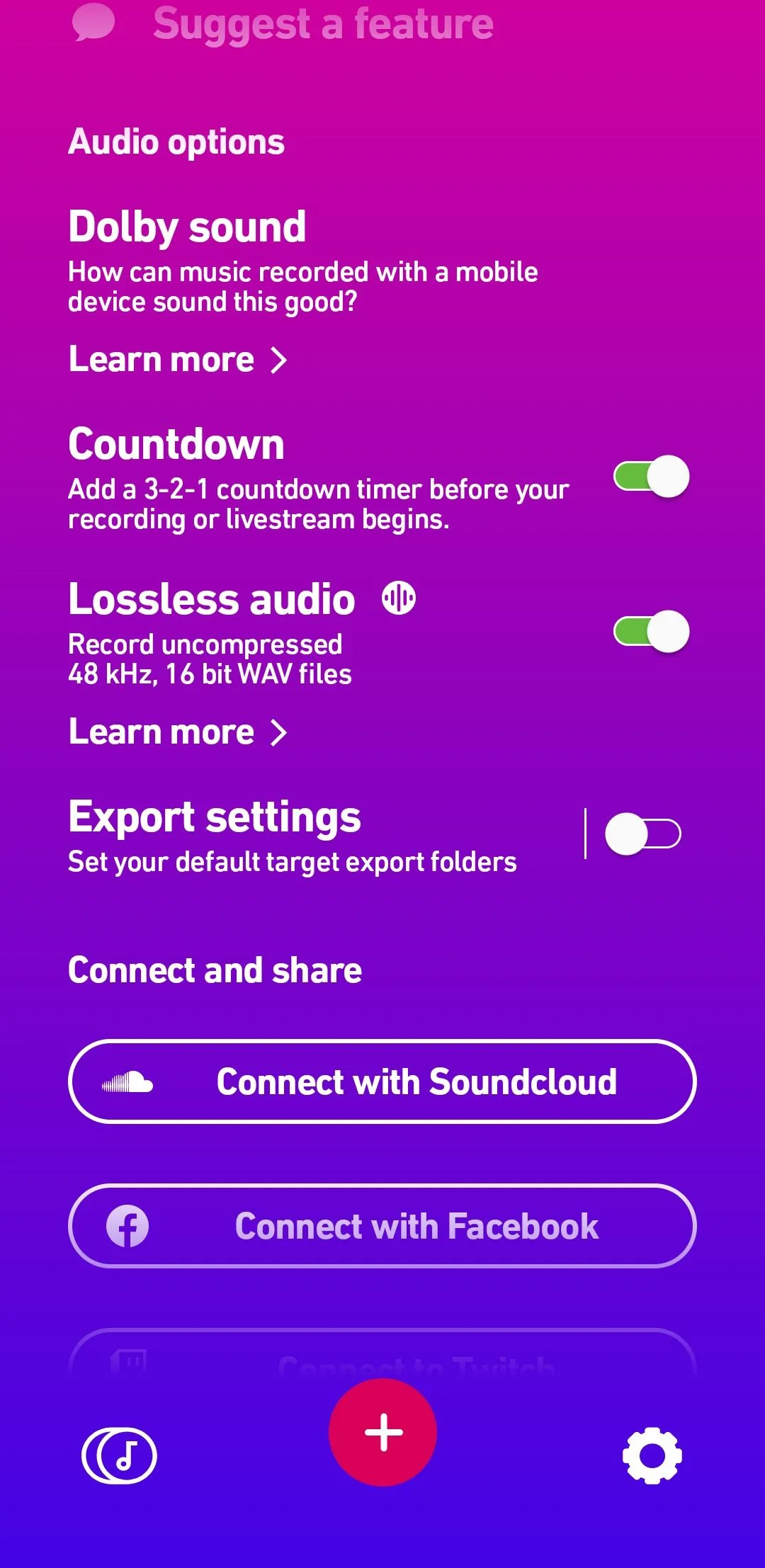 Menu cài đặt của ứng dụng Dolby On