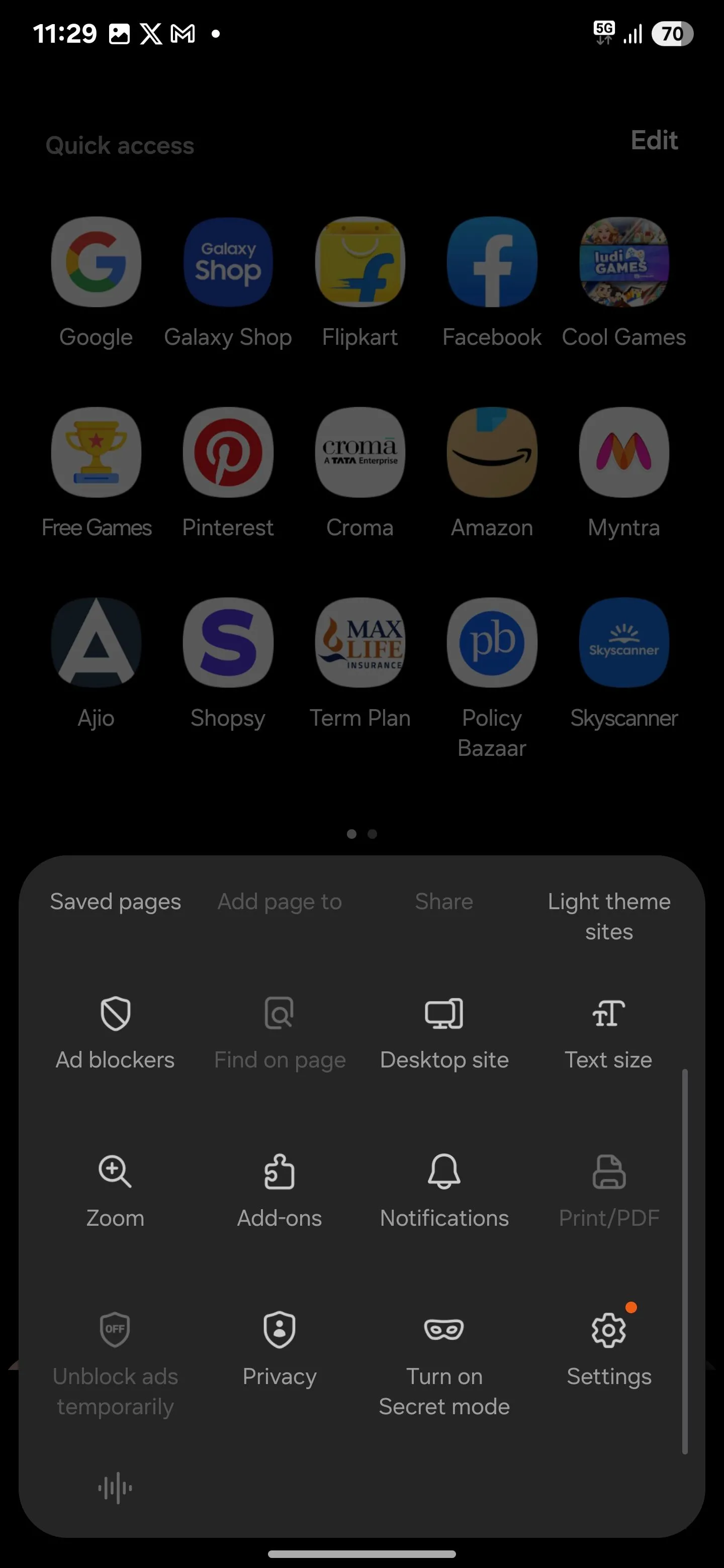 Menu cài đặt của ứng dụng trình duyệt Samsung Internet trên điện thoại Galaxy, hiển thị các tùy chọn cấu hình.