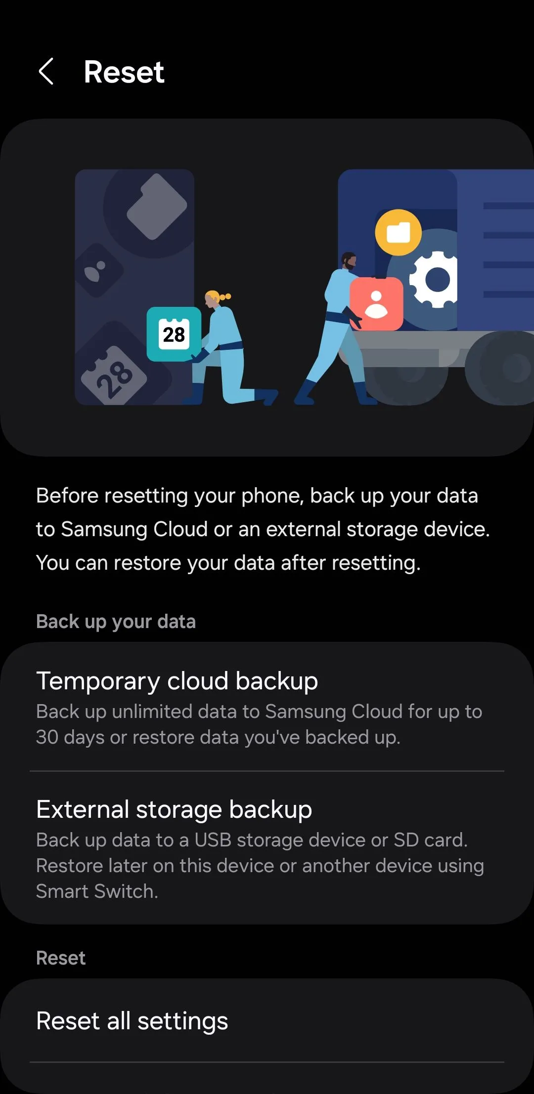 Menu cài đặt đặt lại (Reset) trên điện thoại Samsung