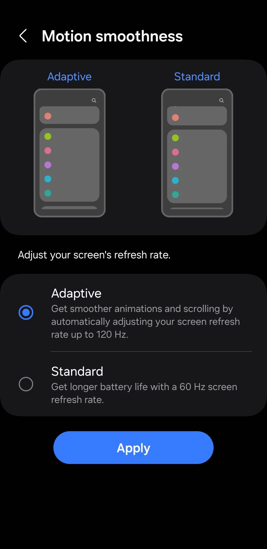 Menu cài đặt Độ mượt chuyển động (Motion smoothness) trên điện thoại Samsung, cho phép chọn giữa tần số quét Tiêu chuẩn 60Hz và Cao 120Hz.