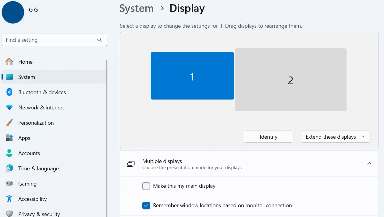 Menu cài đặt hiển thị (Display settings) trên Windows 11