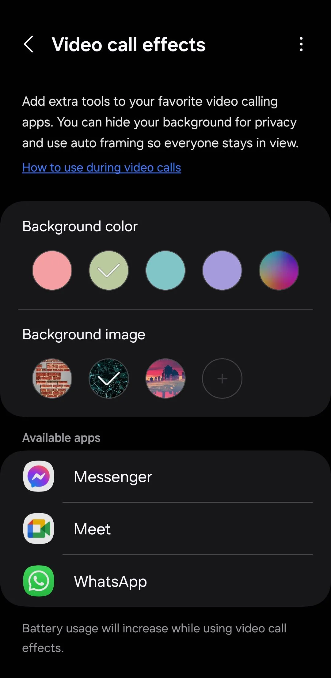 Menu cài đặt hiệu ứng cuộc gọi video trên điện thoại Samsung, cung cấp các tùy chọn thay đổi nền và lấy nét