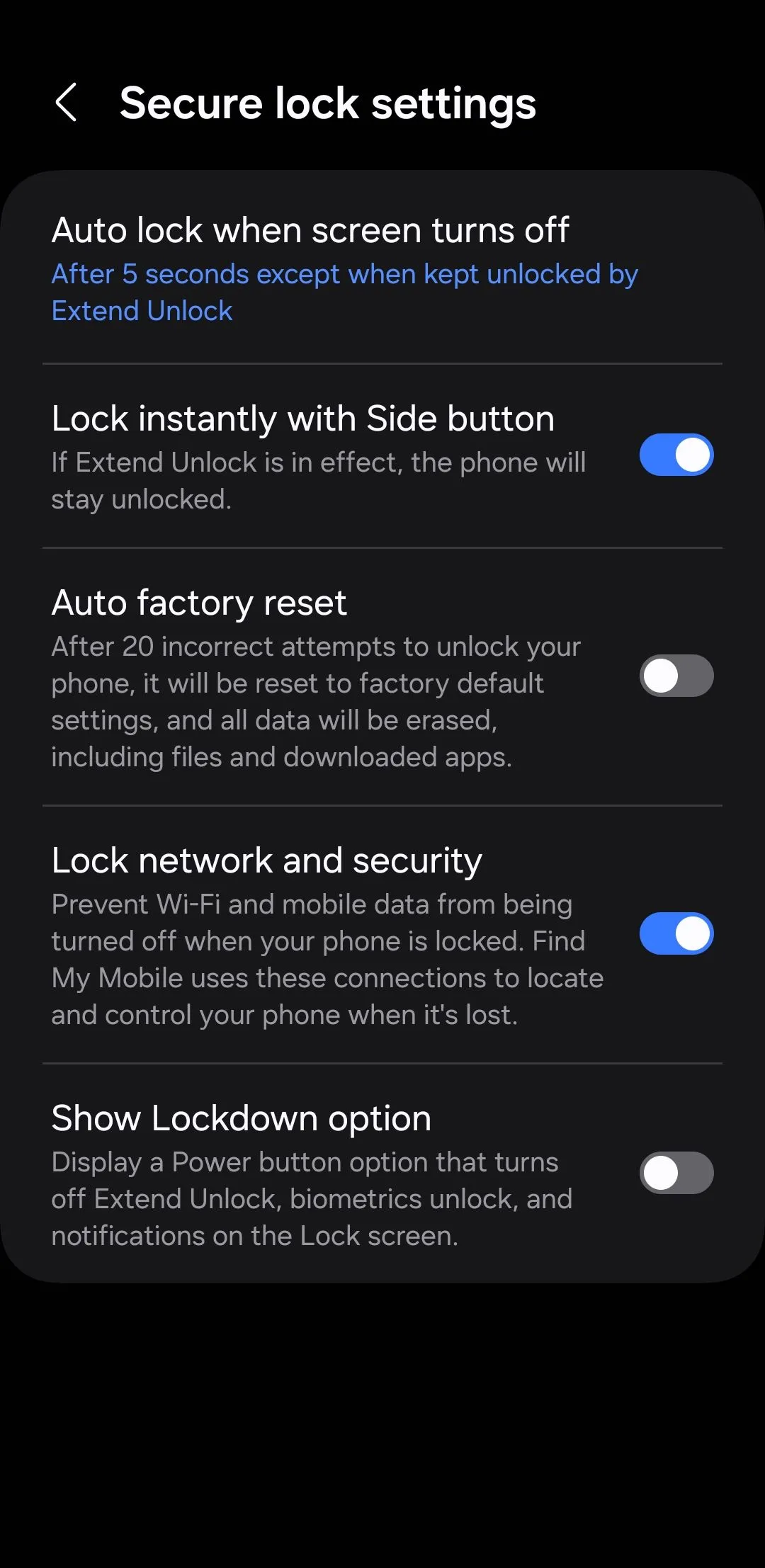 Menu cài đặt khóa an toàn trên Android