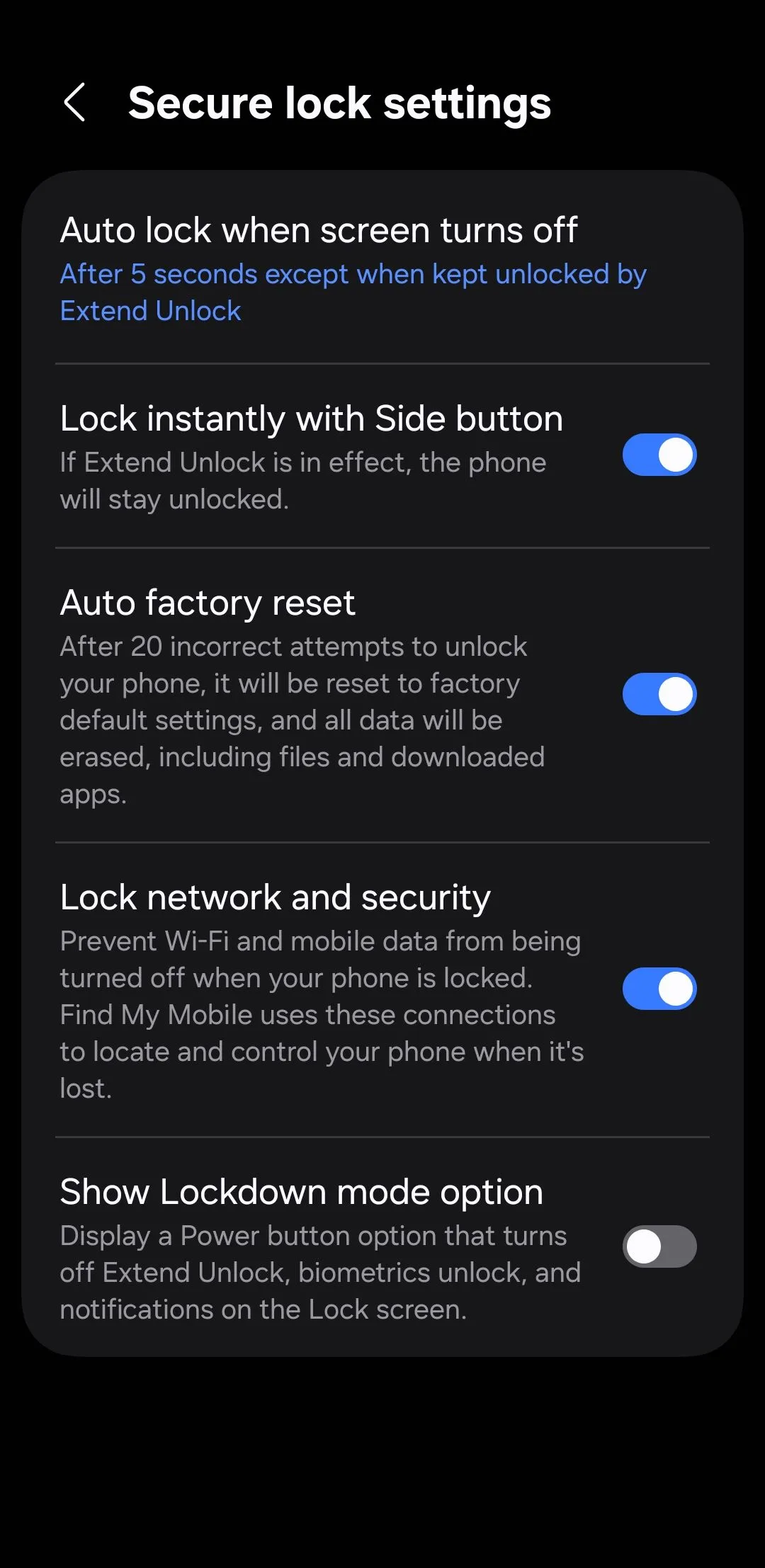 Menu cài đặt khóa bảo mật (Secure Lock Settings) trên Android.
