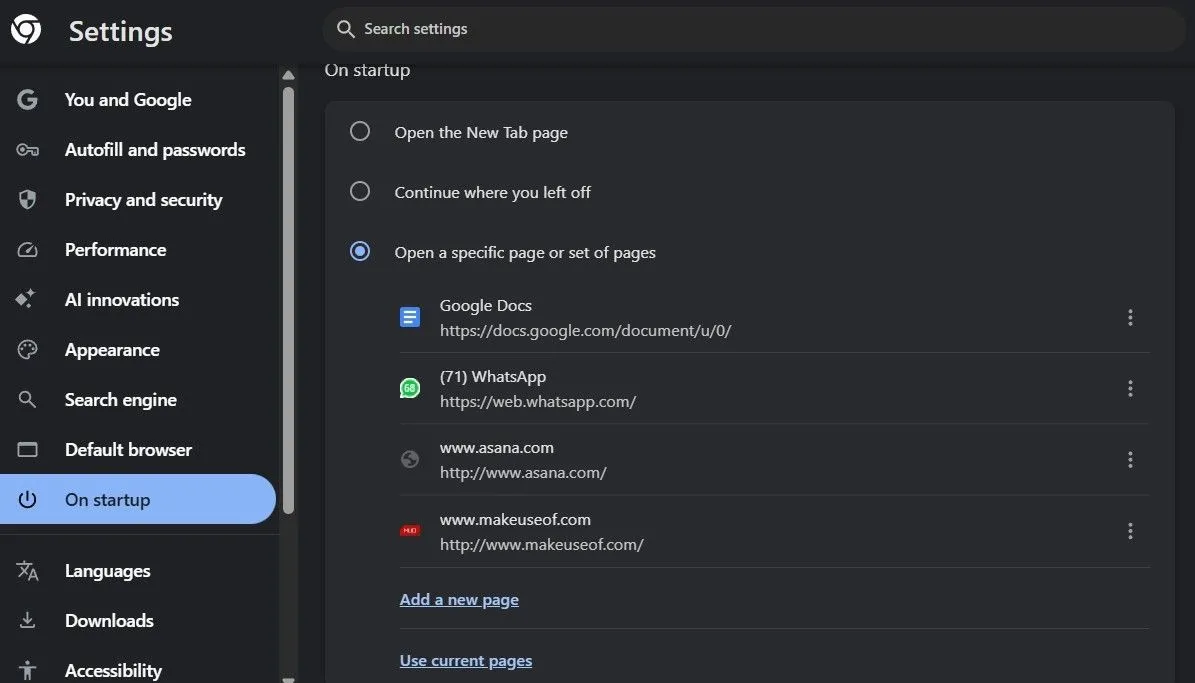 Menu cài đặt khởi động Google Chrome trên máy tính