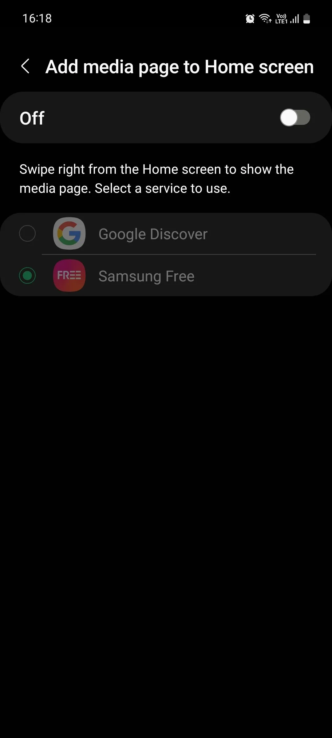 Menu Cài đặt Màn hình chờ trên Samsung, hiển thị tùy chọn bật/tắt &quot;Thêm trang phương tiện vào Màn hình chờ&quot; liên quan đến Samsung Free.