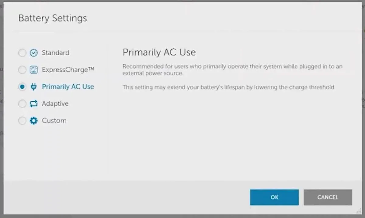Menu cài đặt pin trong ứng dụng Dell Power Manager với các tùy chọn sạc