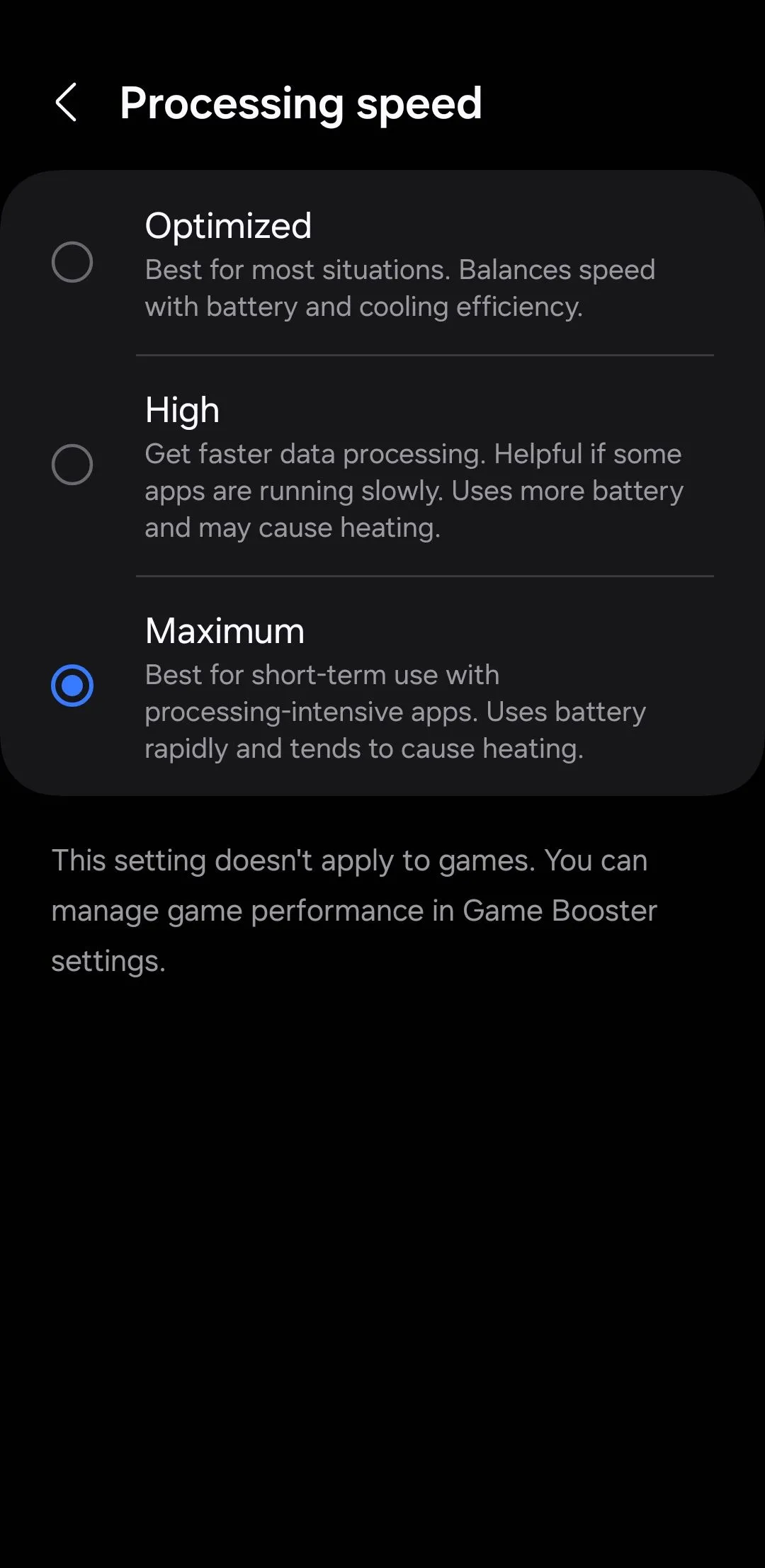 Menu cài đặt Tốc độ xử lý trên điện thoại Samsung Galaxy