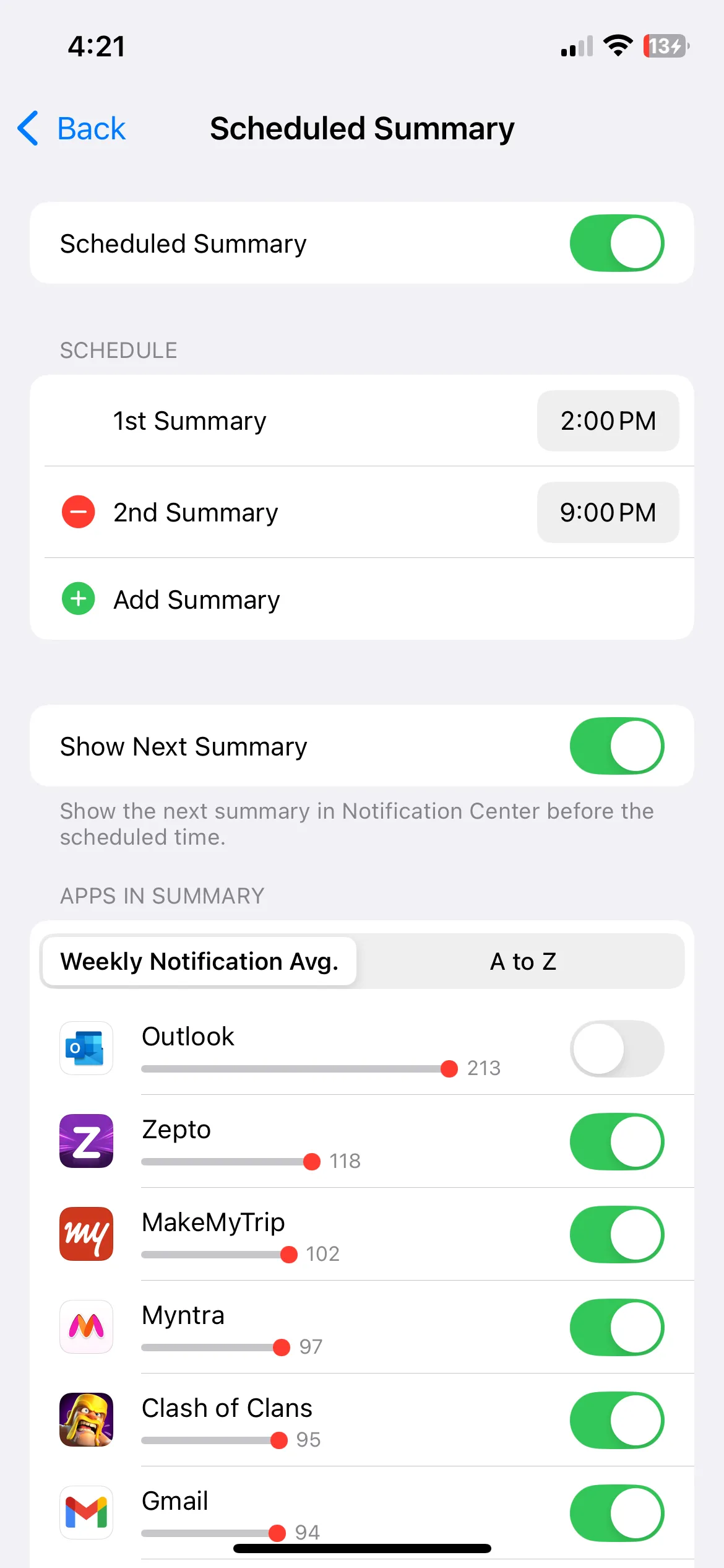 Menu cài đặt tóm tắt thông báo trên iPhone hiển thị tùy chọn lên lịch