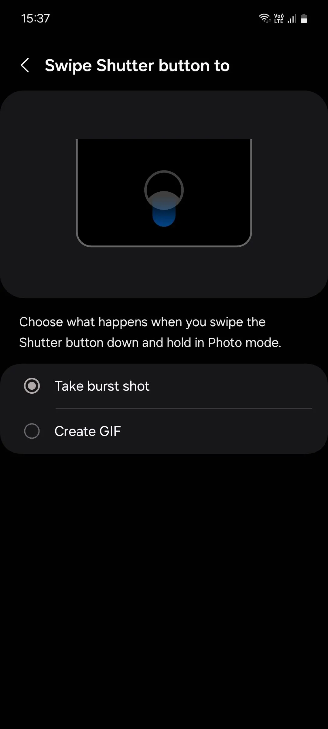 Menu cài đặt vuốt nút chụp trong ứng dụng camera Samsung