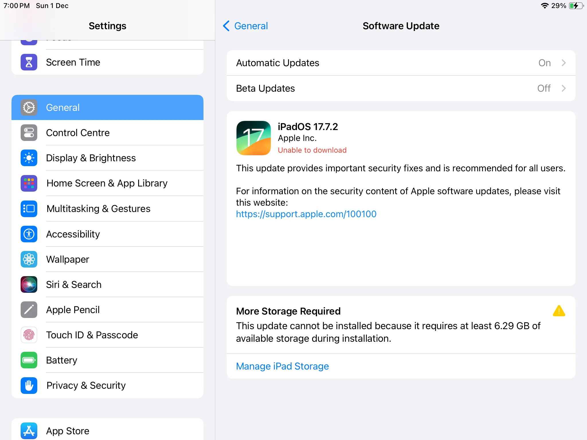 Menu Cập nhật phần mềm iPadOS hiển thị phiên bản iPadOS 17 mới có sẵn để tải về cho iPad cũ.