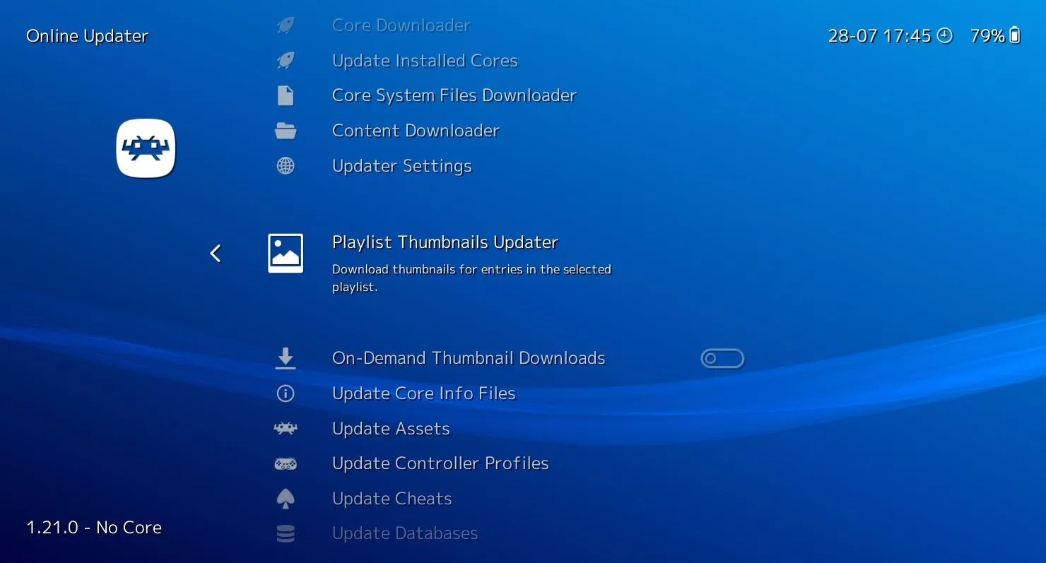 Menu Cập nhật Trực tuyến của RetroArch với tùy chọn tải xuống hình thu nhỏ cho các trò chơi