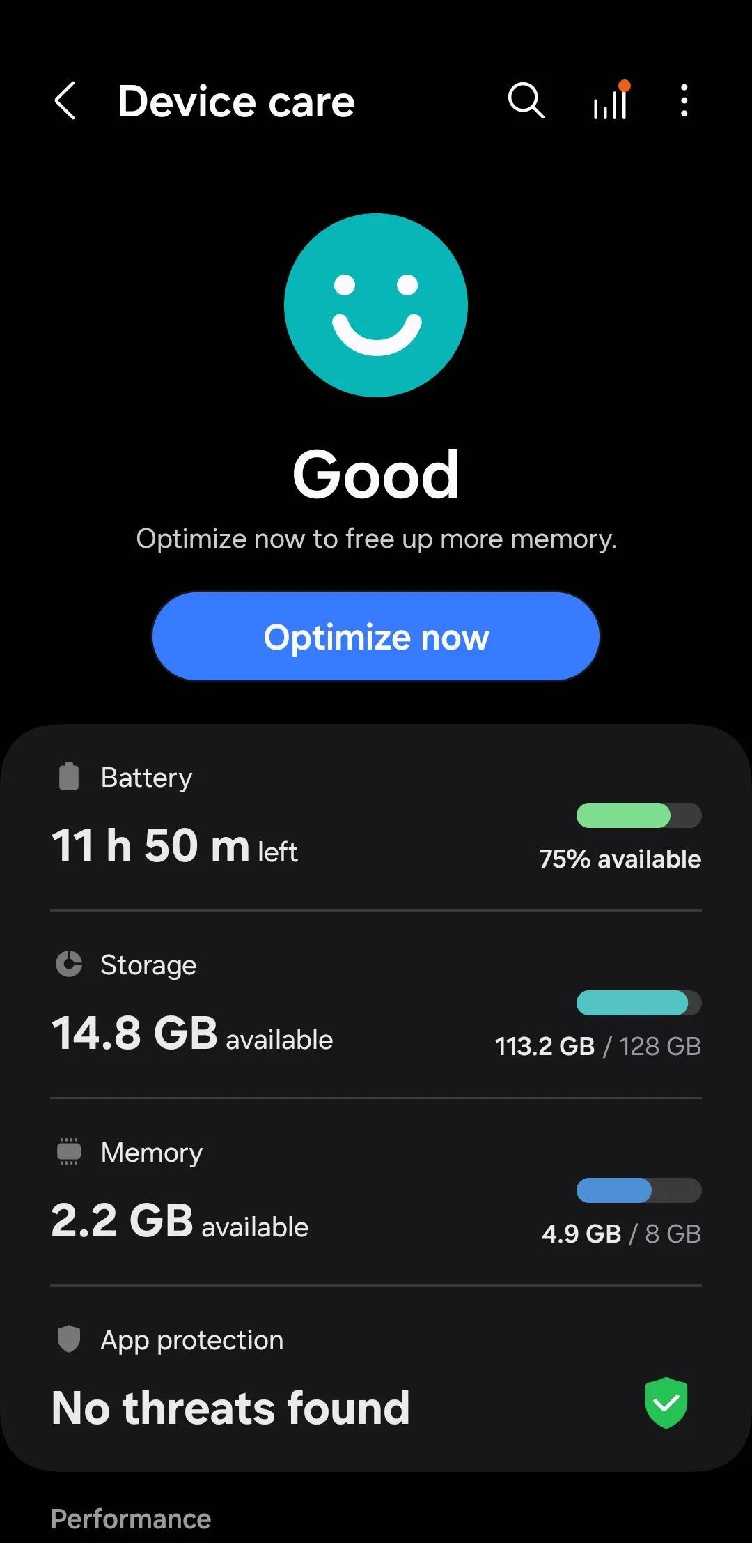 Menu Chăm sóc thiết bị (Device care) trên điện thoại Samsung Galaxy