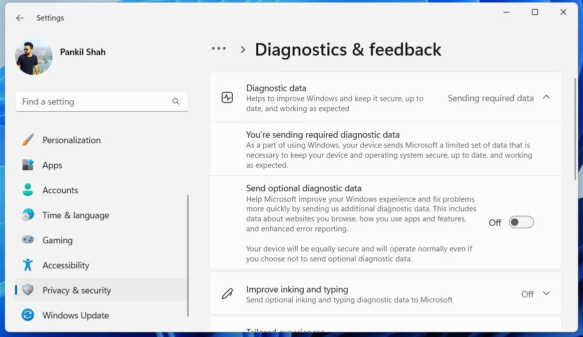Menu Chẩn đoán và phản hồi trong Cài đặt quyền riêng tư của Windows 11