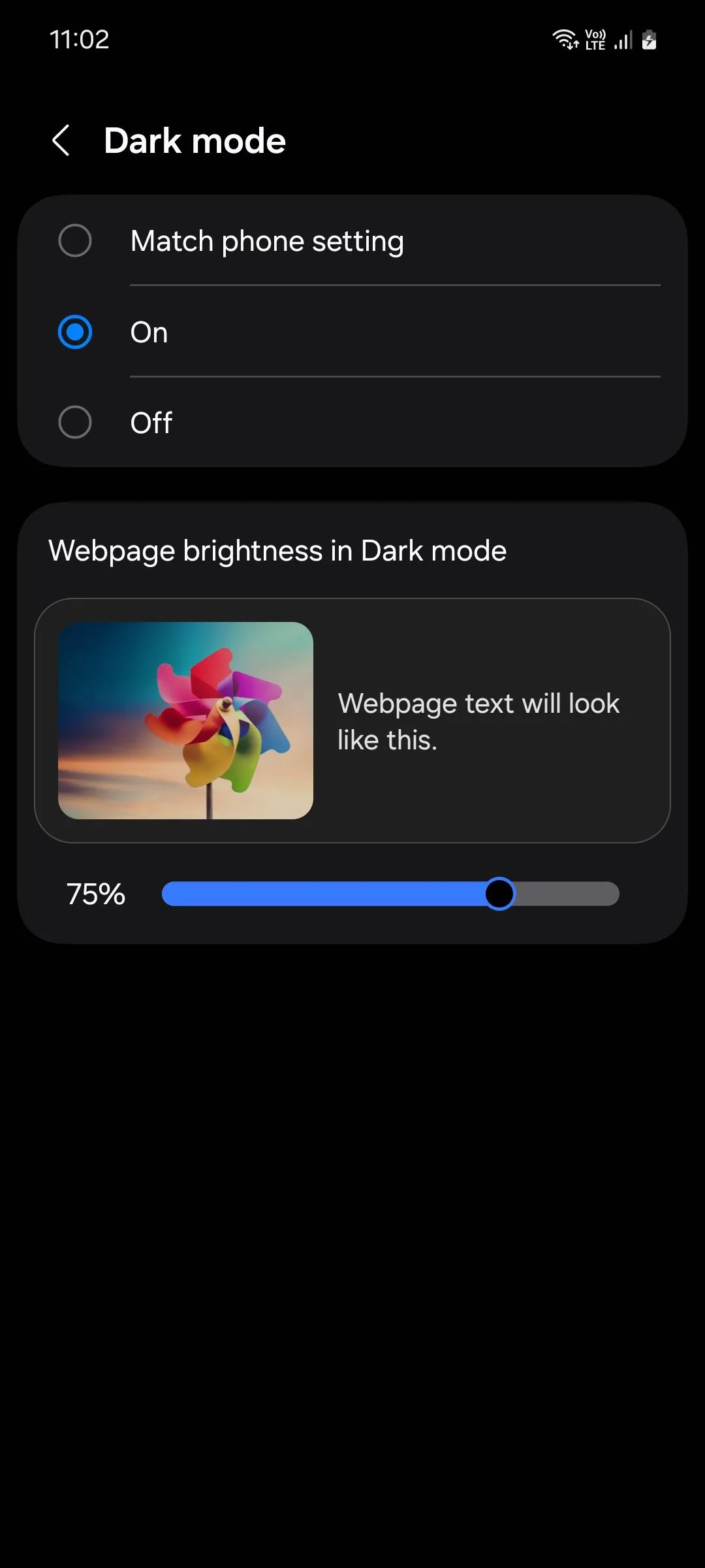 Menu chế độ tối của Samsung Internet
