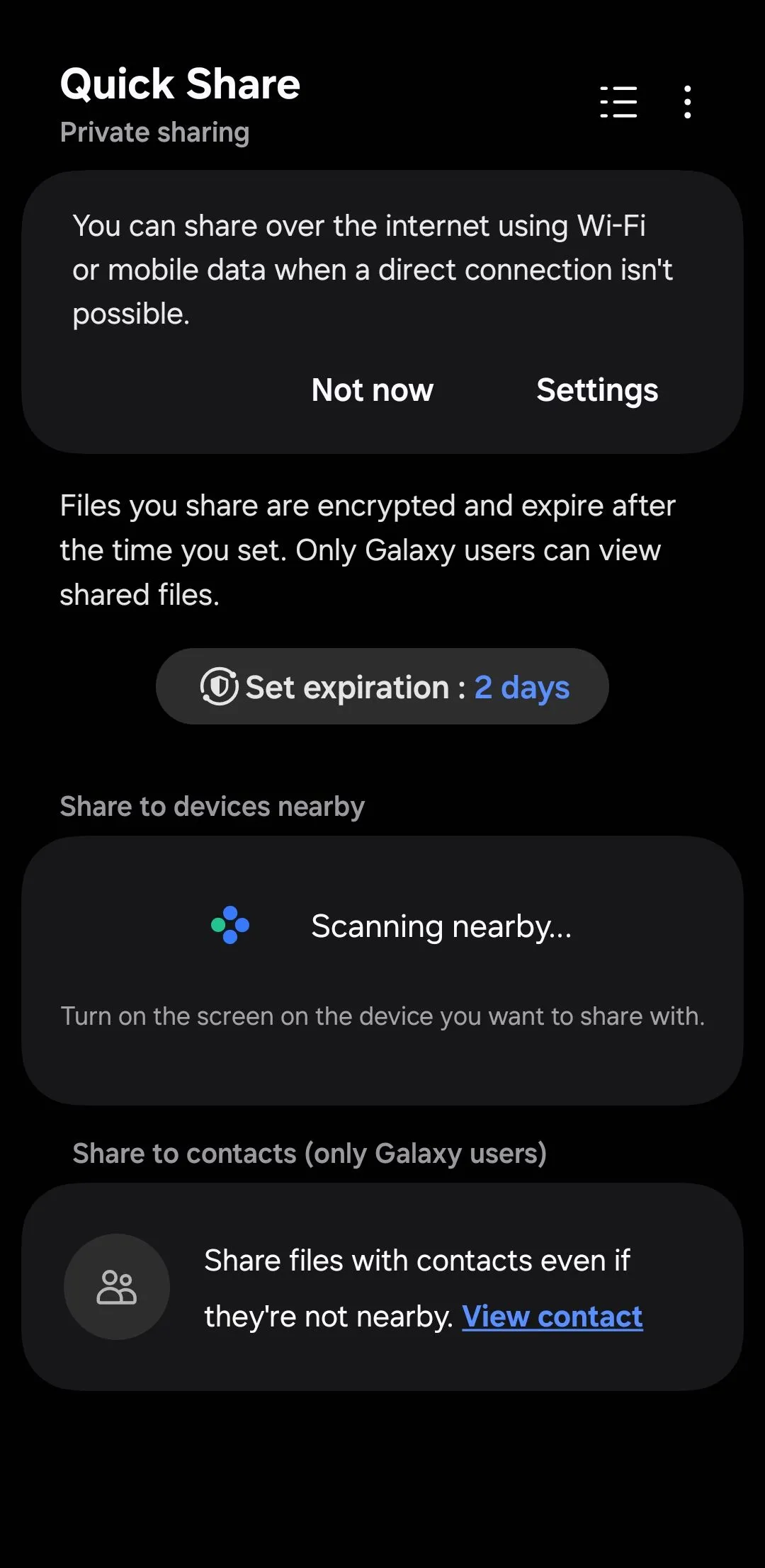 Menu chia sẻ tệp với tùy chọn Private Share trên điện thoại Samsung Galaxy, cho phép chuyển file mã hóa an toàn.