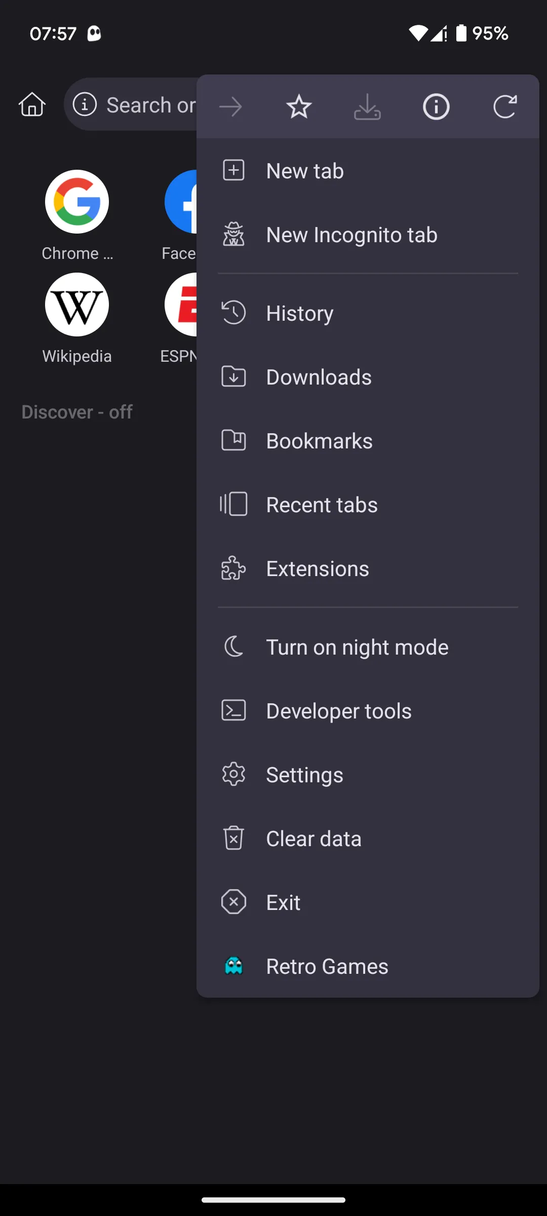 Menu chính của Kiwi Browser trên Android