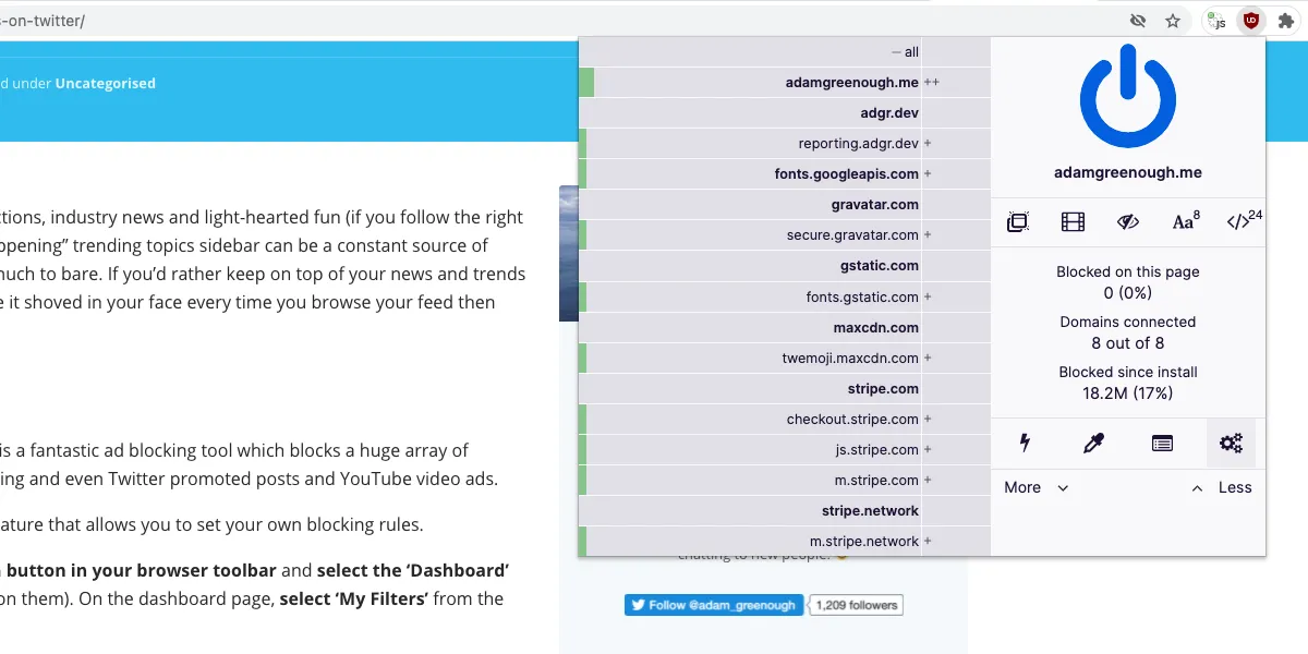 Menu chính của uBlock Origin với tùy chọn Dashboard được làm nổi bật
