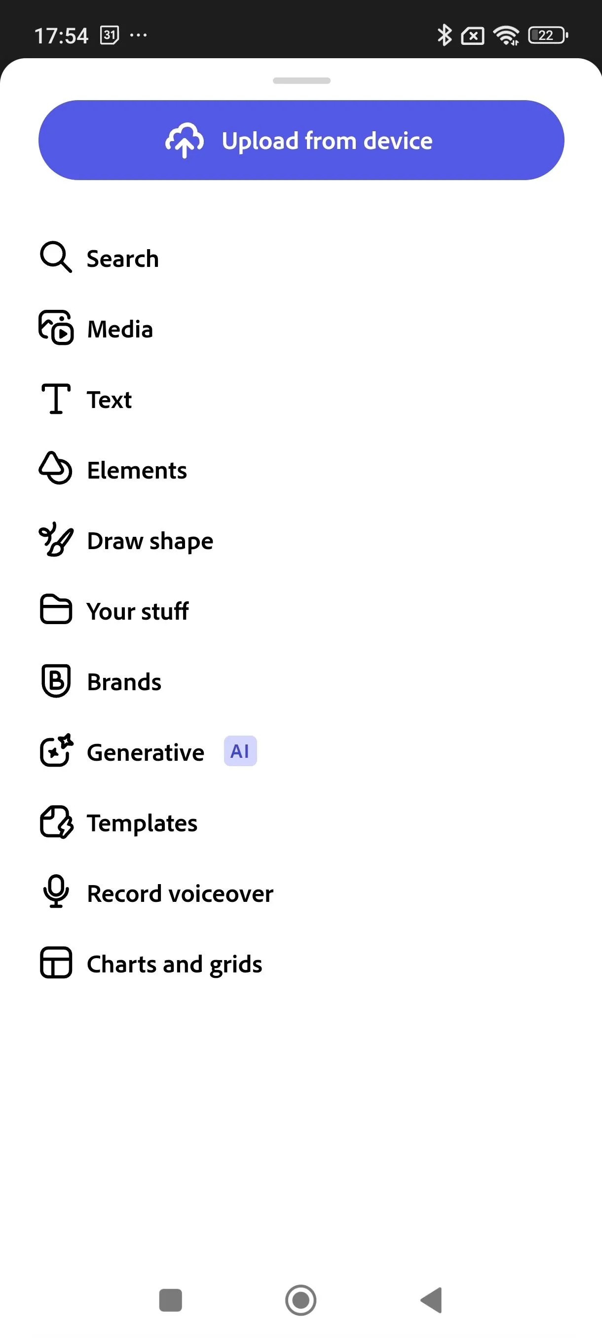 Menu chính của ứng dụng Adobe Express trên di động thiếu mục Add-Ons