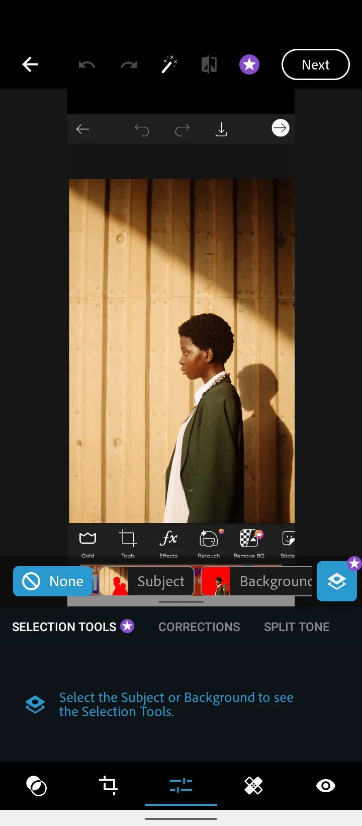 Menu chỉnh sửa của ứng dụng Adobe Photoshop Express, hiển thị các tùy chọn và công cụ cơ bản để chỉnh sửa ảnh nhanh chóng.