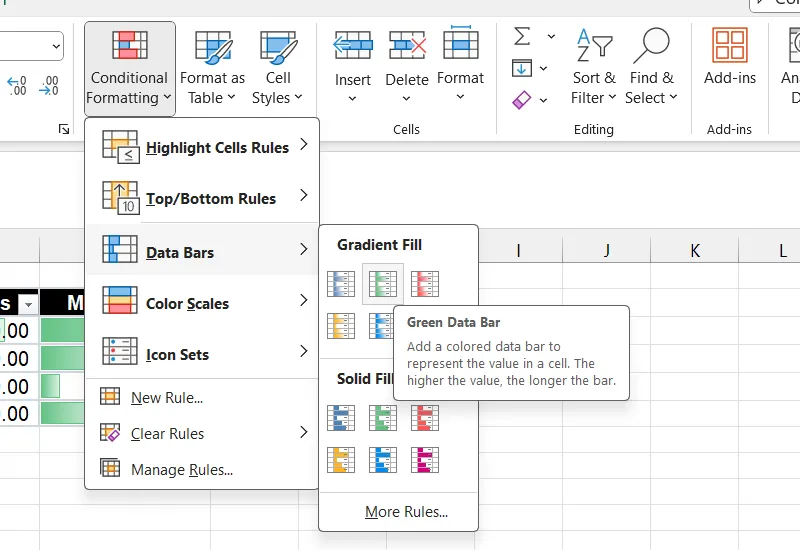 Menu chọn Data Bars (Thanh dữ liệu) trong Conditional Formatting Excel
