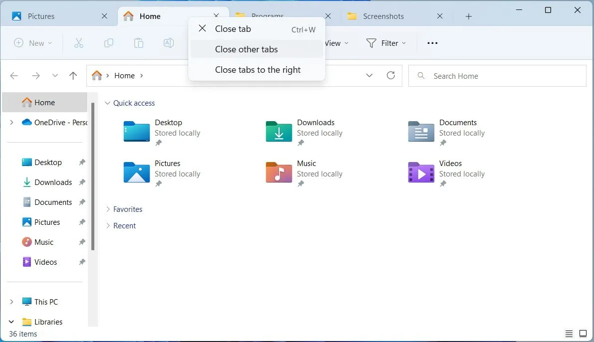 Menu để đóng các tab trong File Explorer của Windows 11