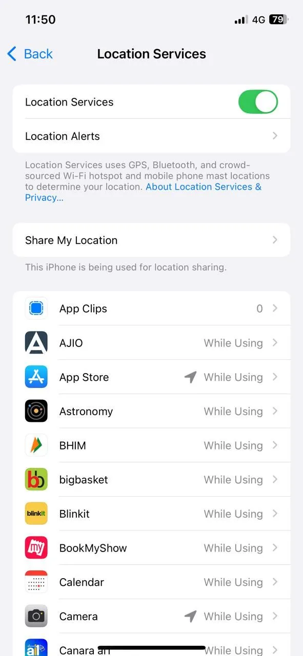 Menu dịch vụ định vị trên iPhone
