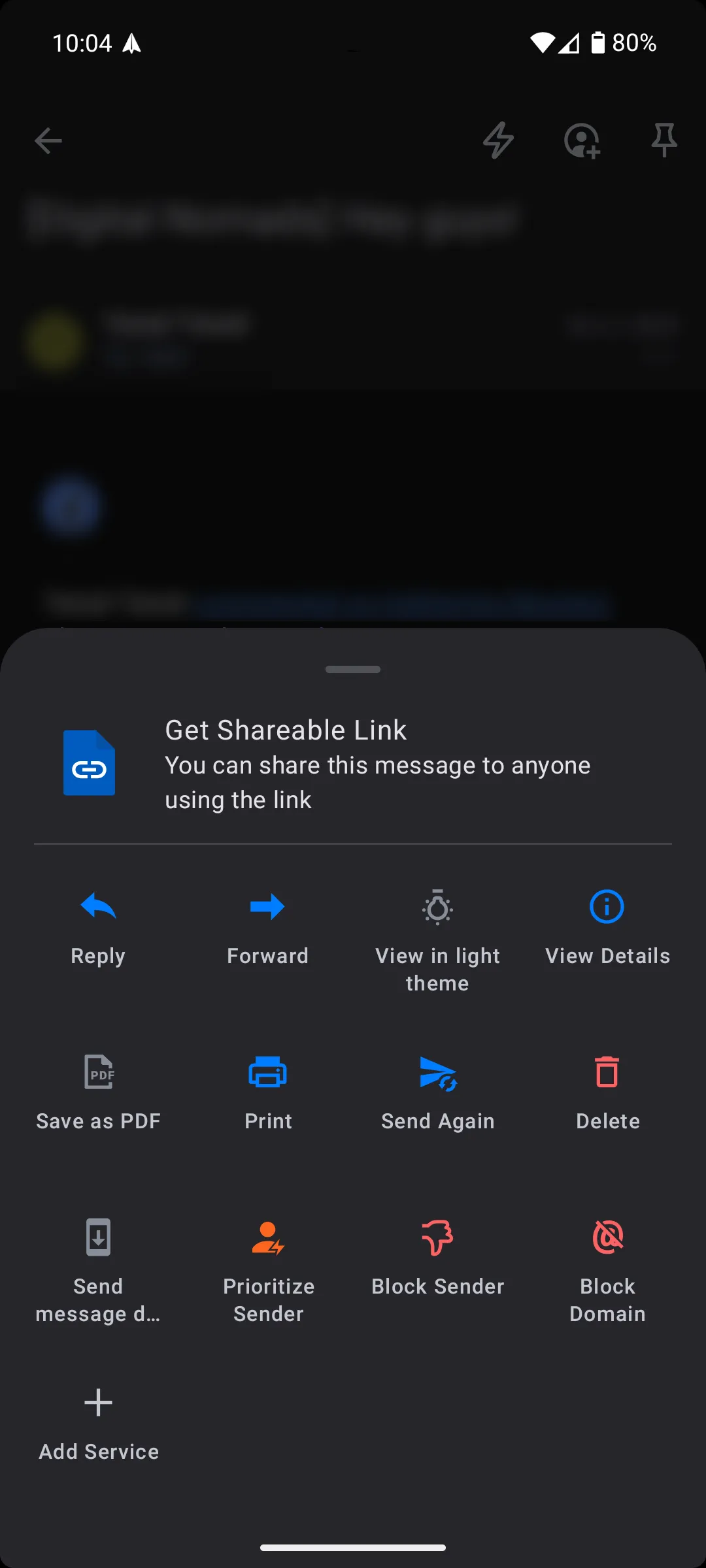 Menu hội thoại và tùy chọn chia sẻ liên kết trong Spark Mail Android