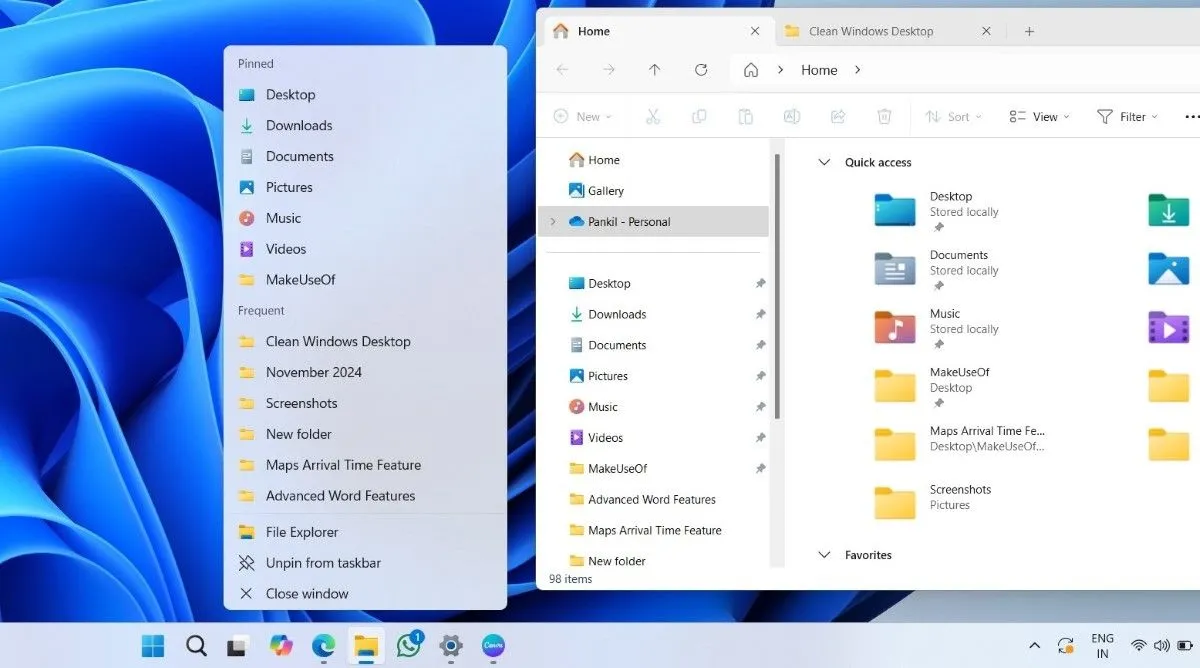 Menu Jump List của Taskbar và File Explorer mở trên Desktop Windows